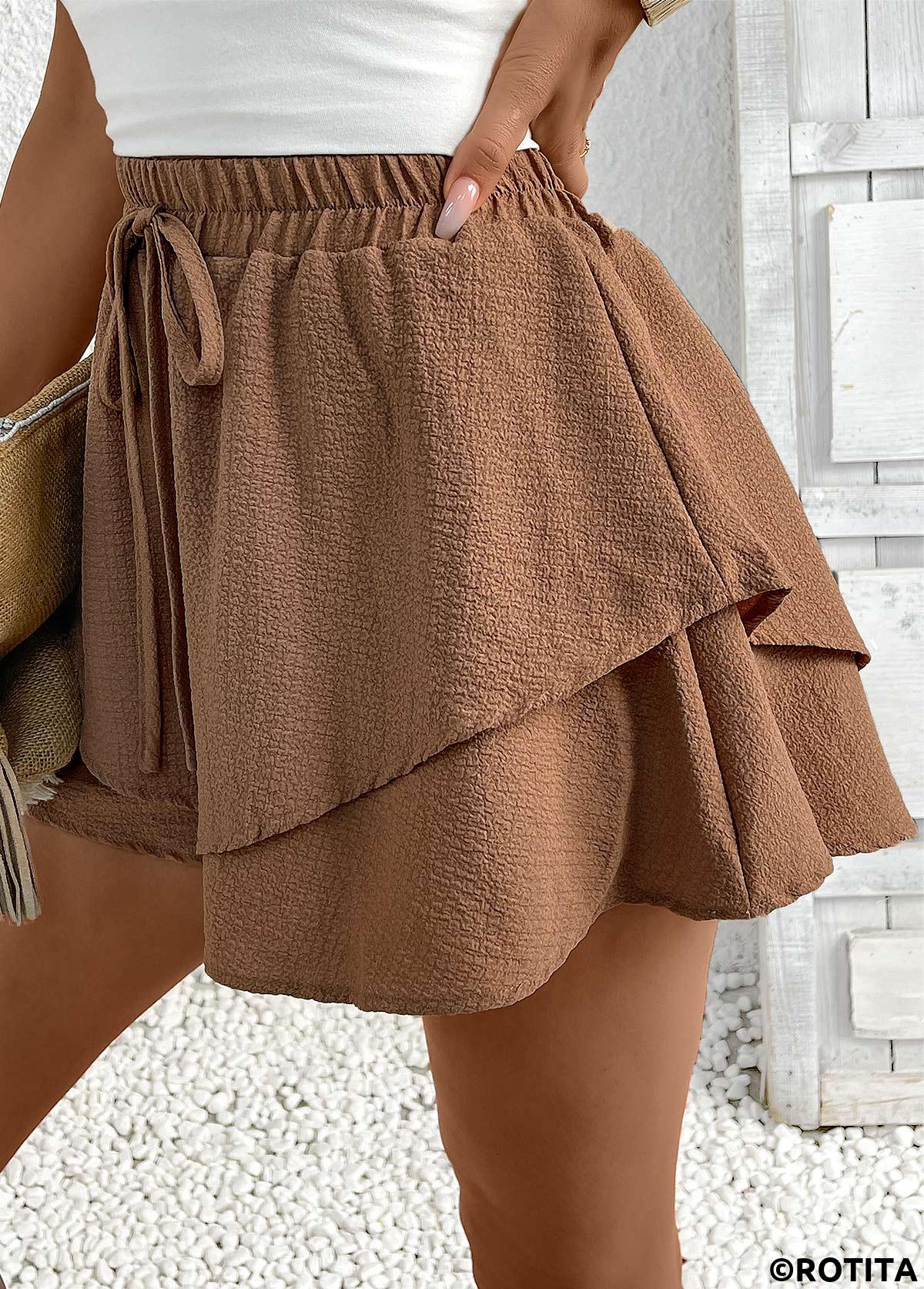 Dark Coffee bottoms,Plain Color bottoms,Dark Coffee Wide Leg Elastic Waist High Waisted Shorts