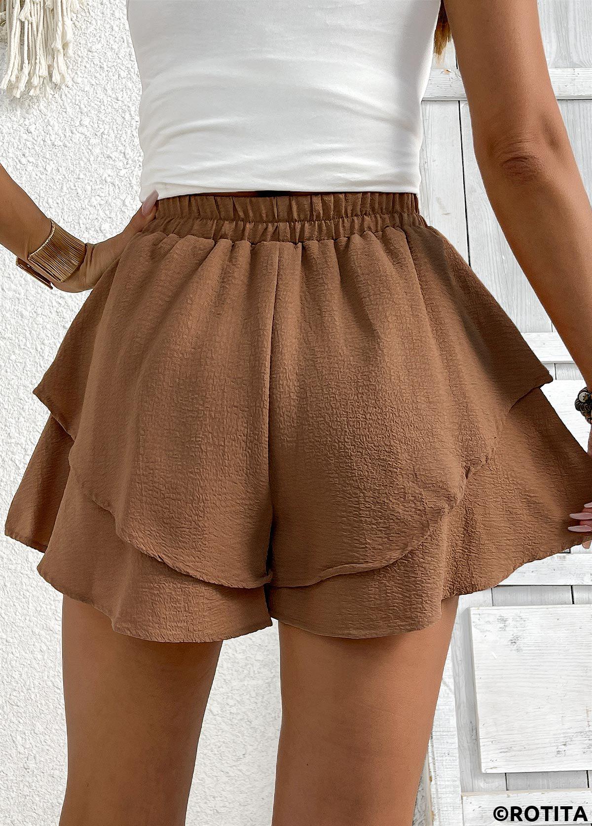 Dark Coffee bottoms,Plain Color bottoms,Dark Coffee Wide Leg Elastic Waist High Waisted Shorts