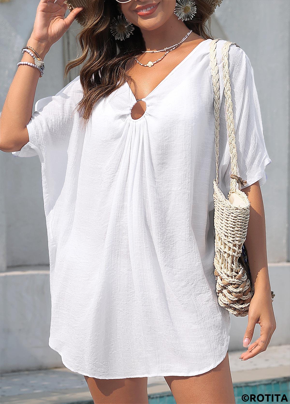 White swimwear,Plain Color swimwear,White Circular Ring V Neck Cover Up