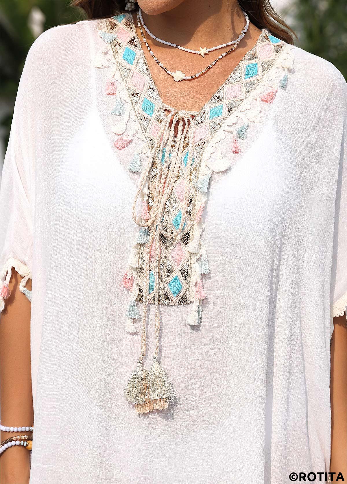 White swimwear,Plain Color swimwear,White Patchwork V Neck Cover Up