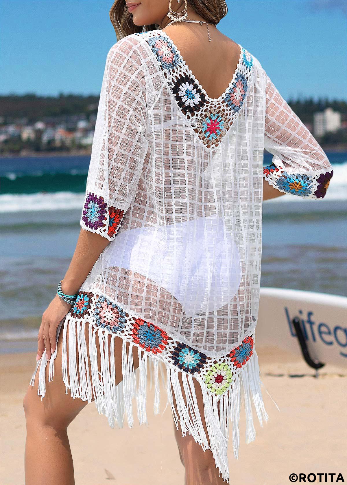White swimwear,Tribal swimwear,White Tribal Print Tassel Cover Up