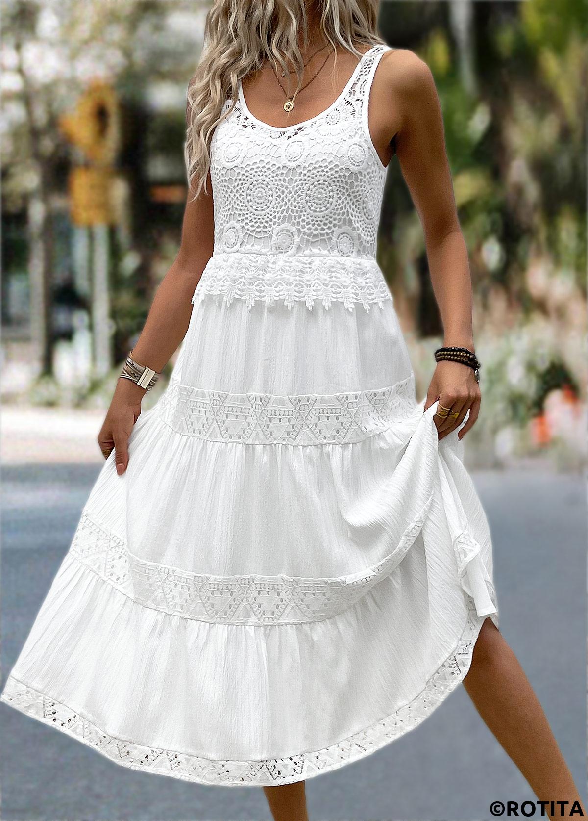 White dresses,Plain Color dresses,Everyday dresses,Casual dresses,ROTITA White Patchwork Round Neck Sleeveless Dress