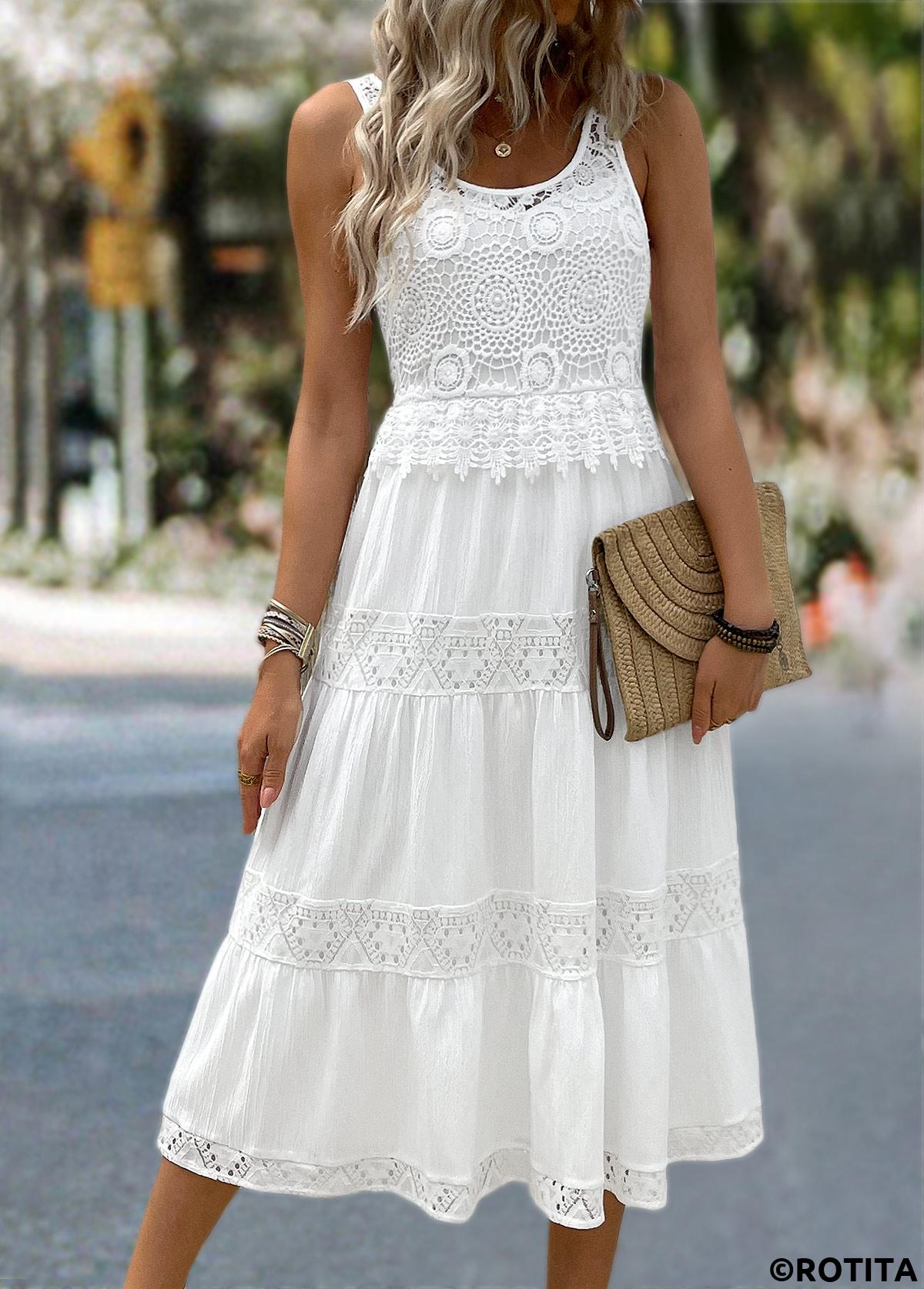 White dresses,Plain Color dresses,Everyday dresses,Casual dresses,ROTITA White Patchwork Round Neck Sleeveless Dress