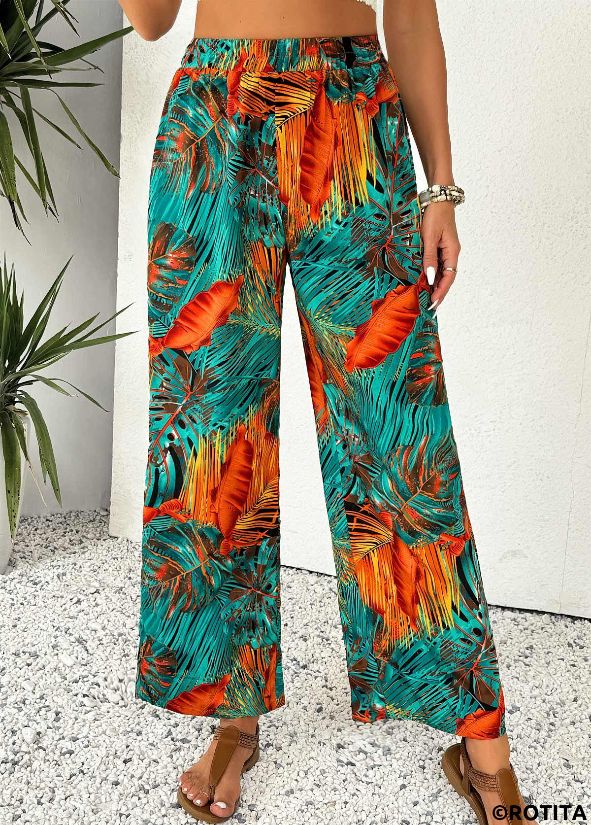 Mint Green bottoms,Plants bottoms,Plants Print Mint Green Wide Leg Elastic Waist Pants