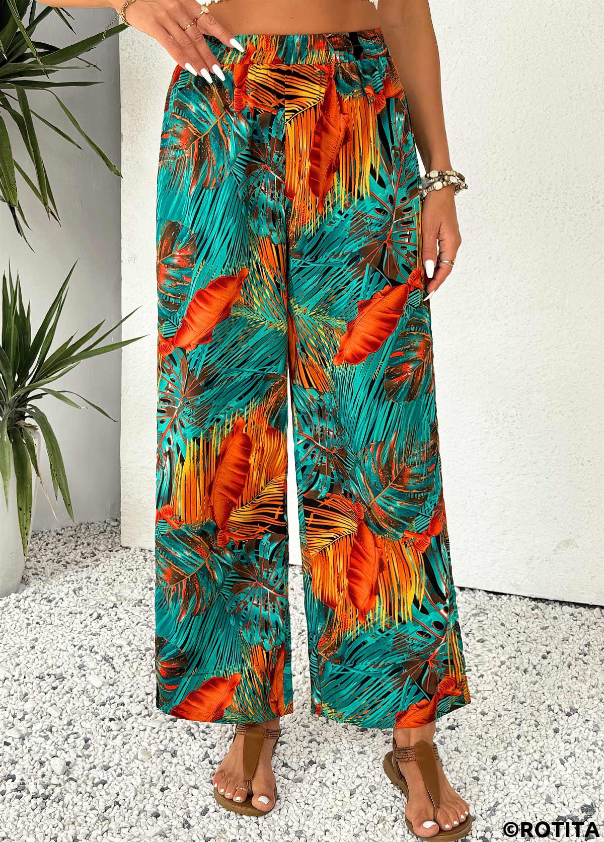 Mint Green bottoms,Plants bottoms,Plants Print Mint Green Wide Leg Elastic Waist Pants