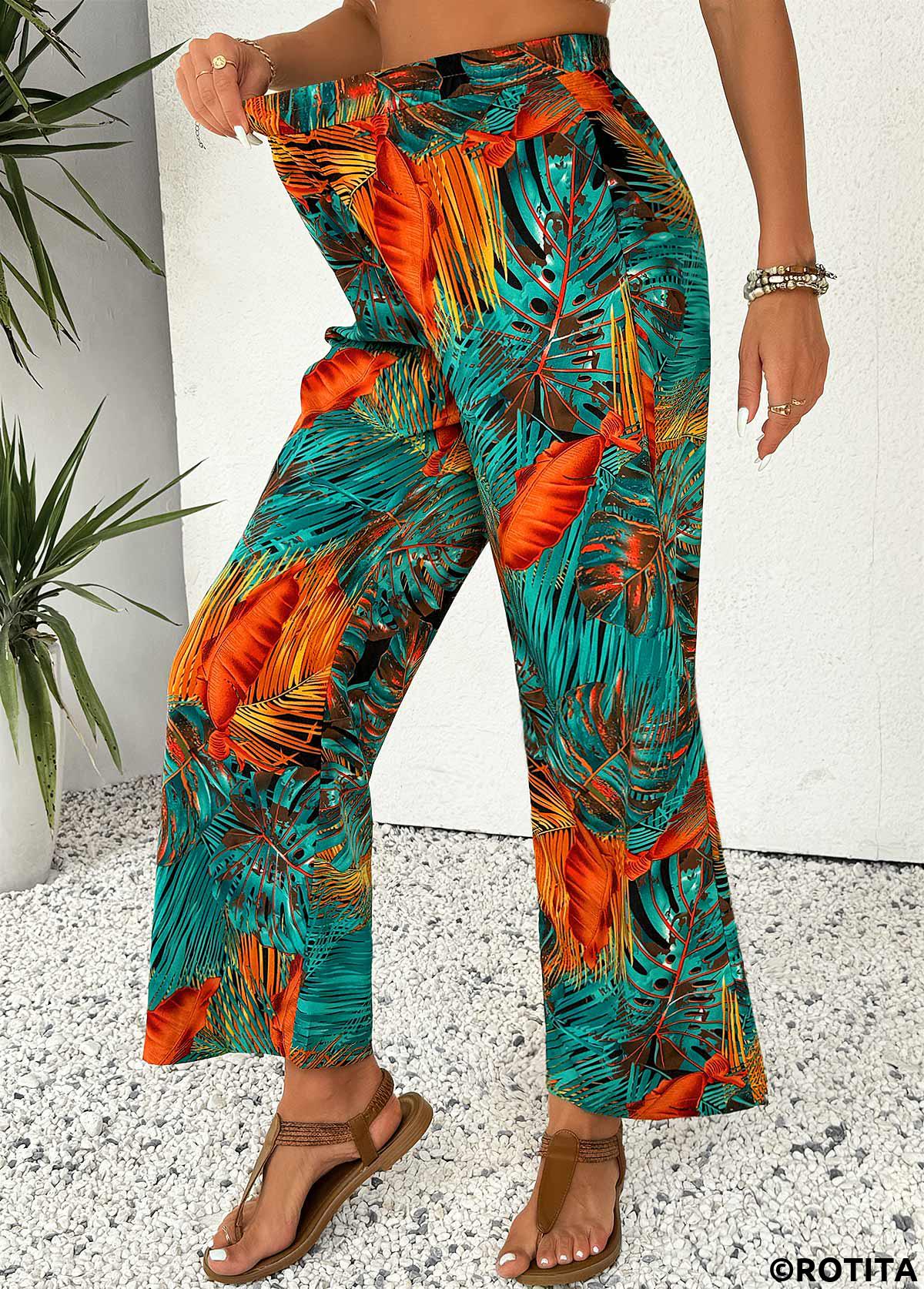 Mint Green bottoms,Plants bottoms,Plants Print Mint Green Wide Leg Elastic Waist Pants