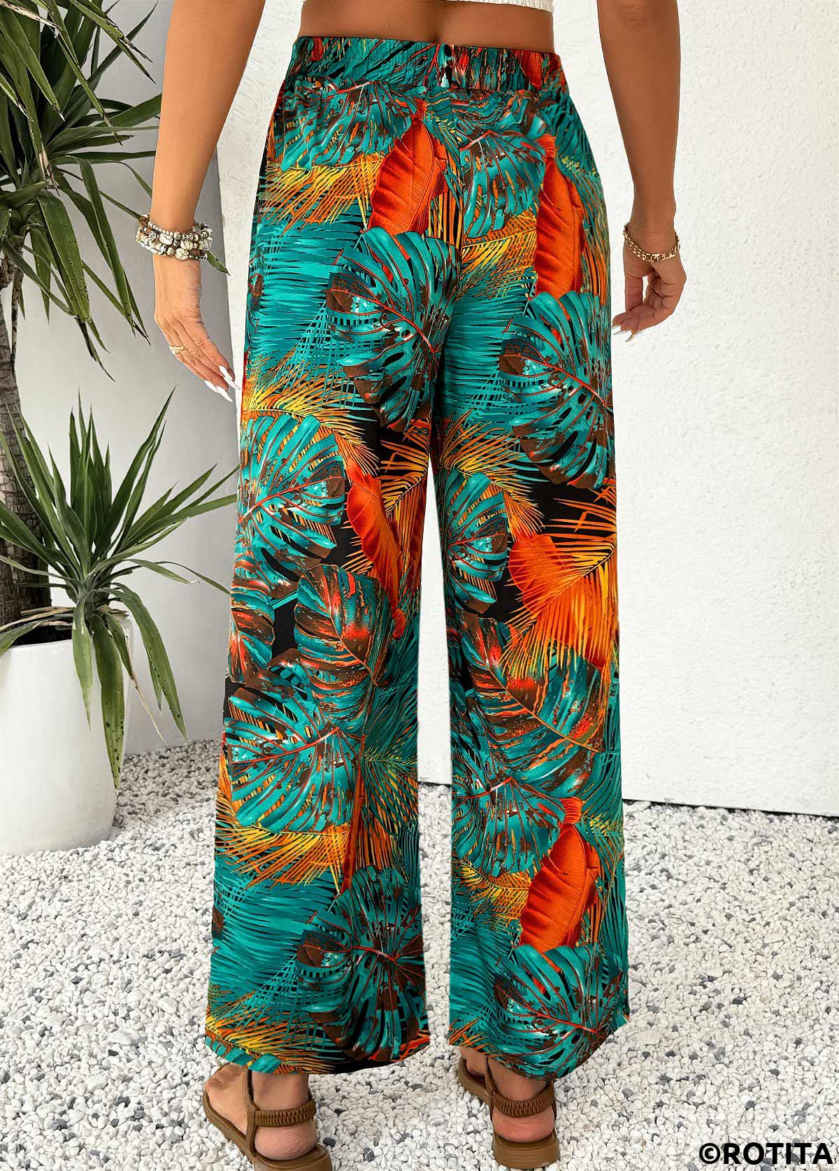 Mint Green bottoms,Plants bottoms,Plants Print Mint Green Wide Leg Elastic Waist Pants