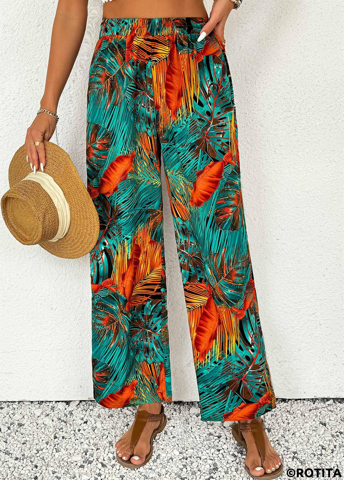 Mint Green bottoms,Plants bottoms,Plants Print Mint Green Wide Leg Elastic Waist Pants