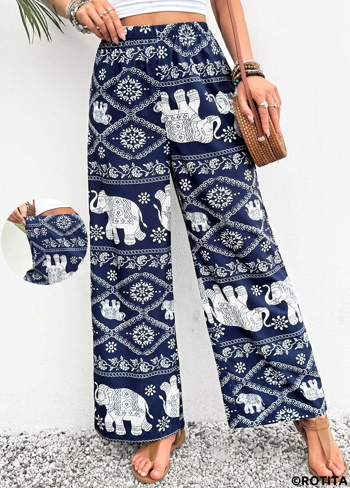 Navy bottoms,Tribal bottoms,Tribal Print Navy Wide Leg Elastic Waist Pants
