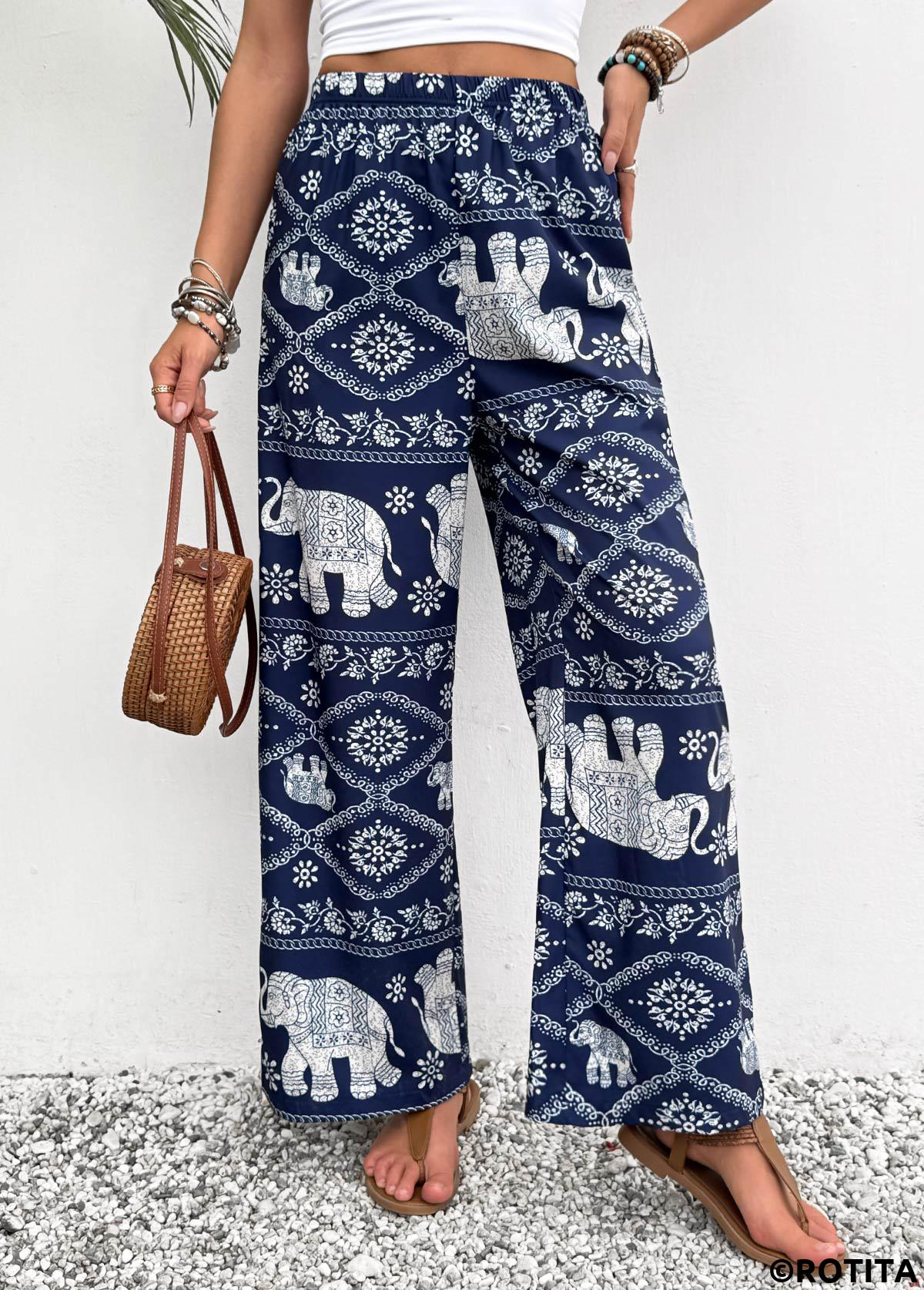 Navy bottoms,Tribal bottoms,Tribal Print Navy Wide Leg Elastic Waist Pants