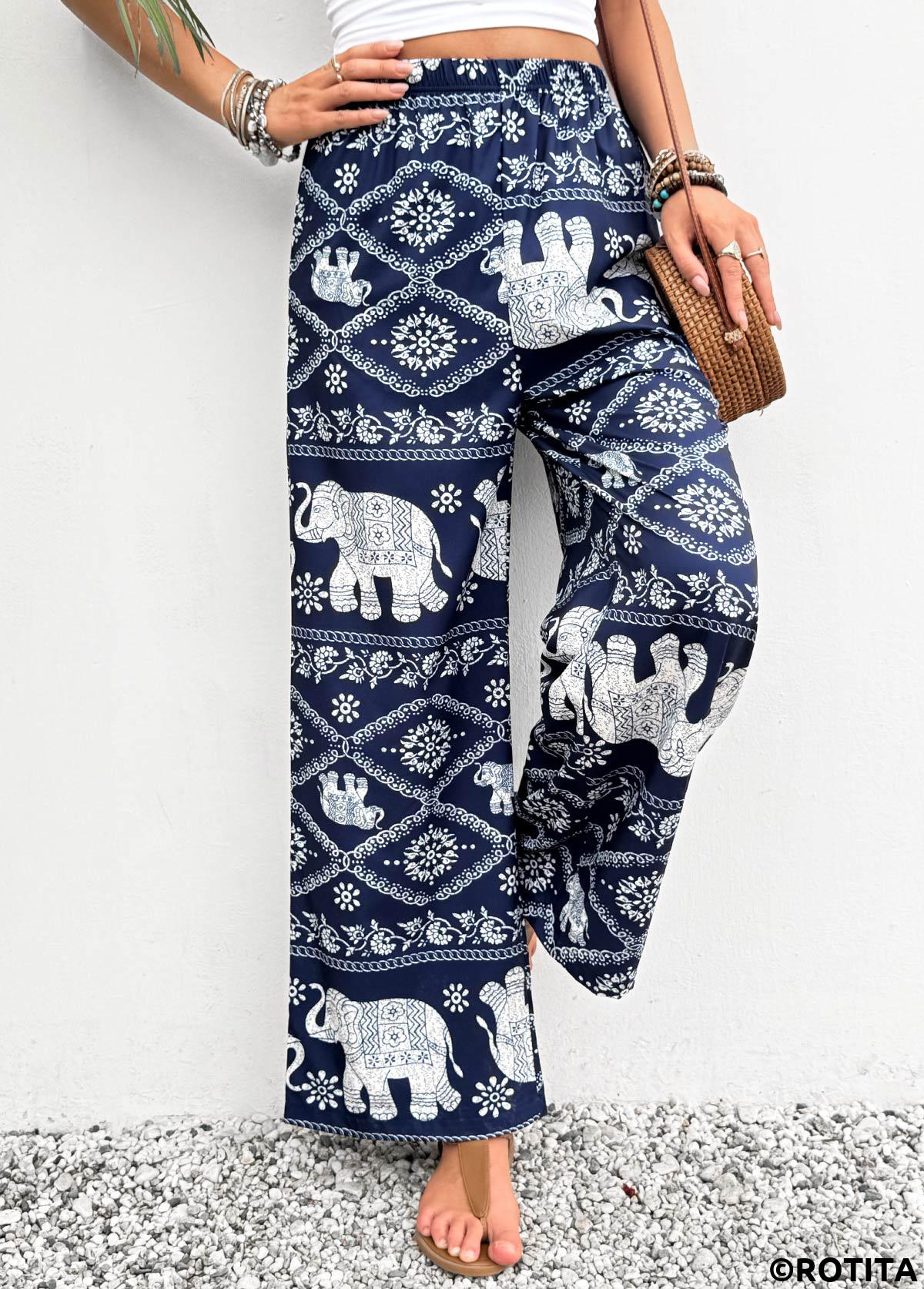 Navy bottoms,Tribal bottoms,Tribal Print Navy Wide Leg Elastic Waist Pants