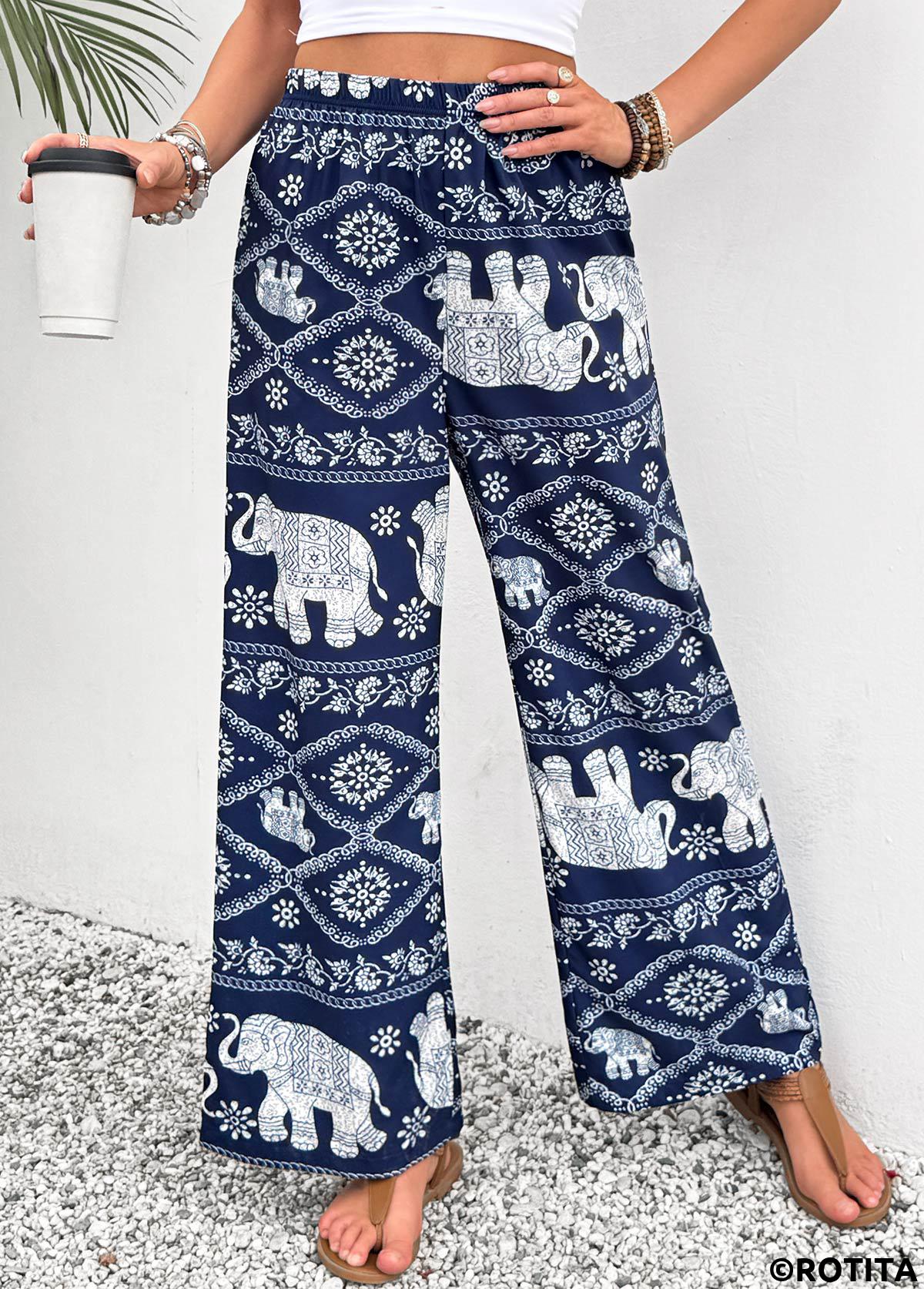 Navy bottoms,Tribal bottoms,Tribal Print Navy Wide Leg Elastic Waist Pants