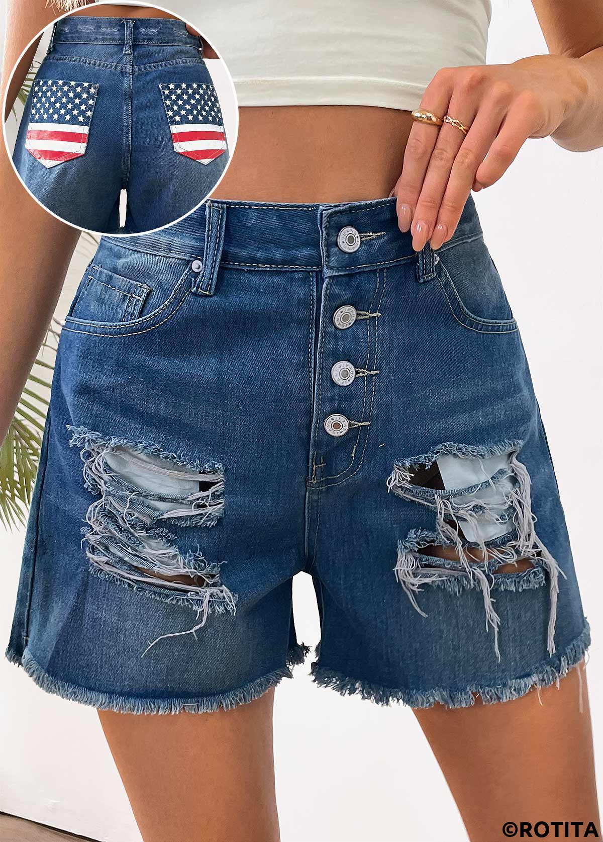 Denim Blue bottoms,Flag bottoms,American Flag Denim Blue Straight Leg Button Fly Shorts