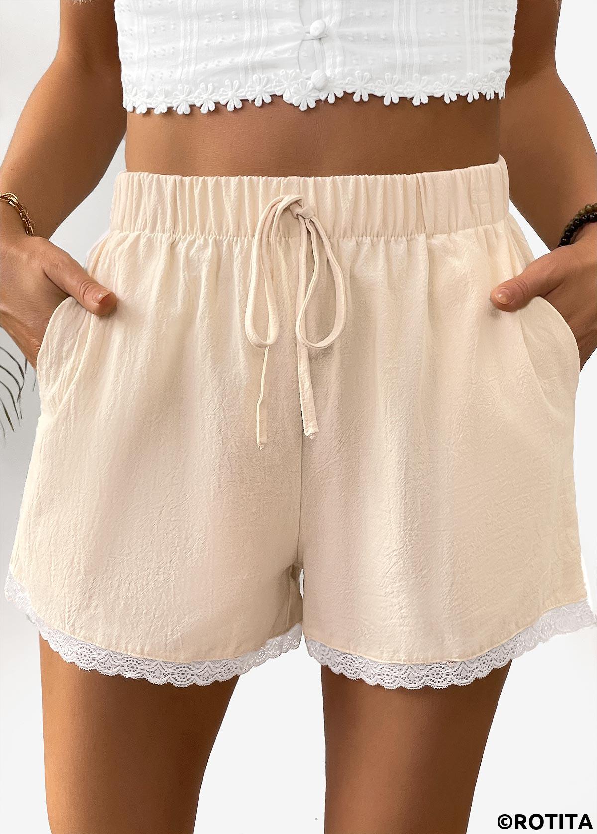 Light Camel bottoms,Plain Color bottoms,Light Camel Straight Leg Elastic Waist High Waisted Shorts