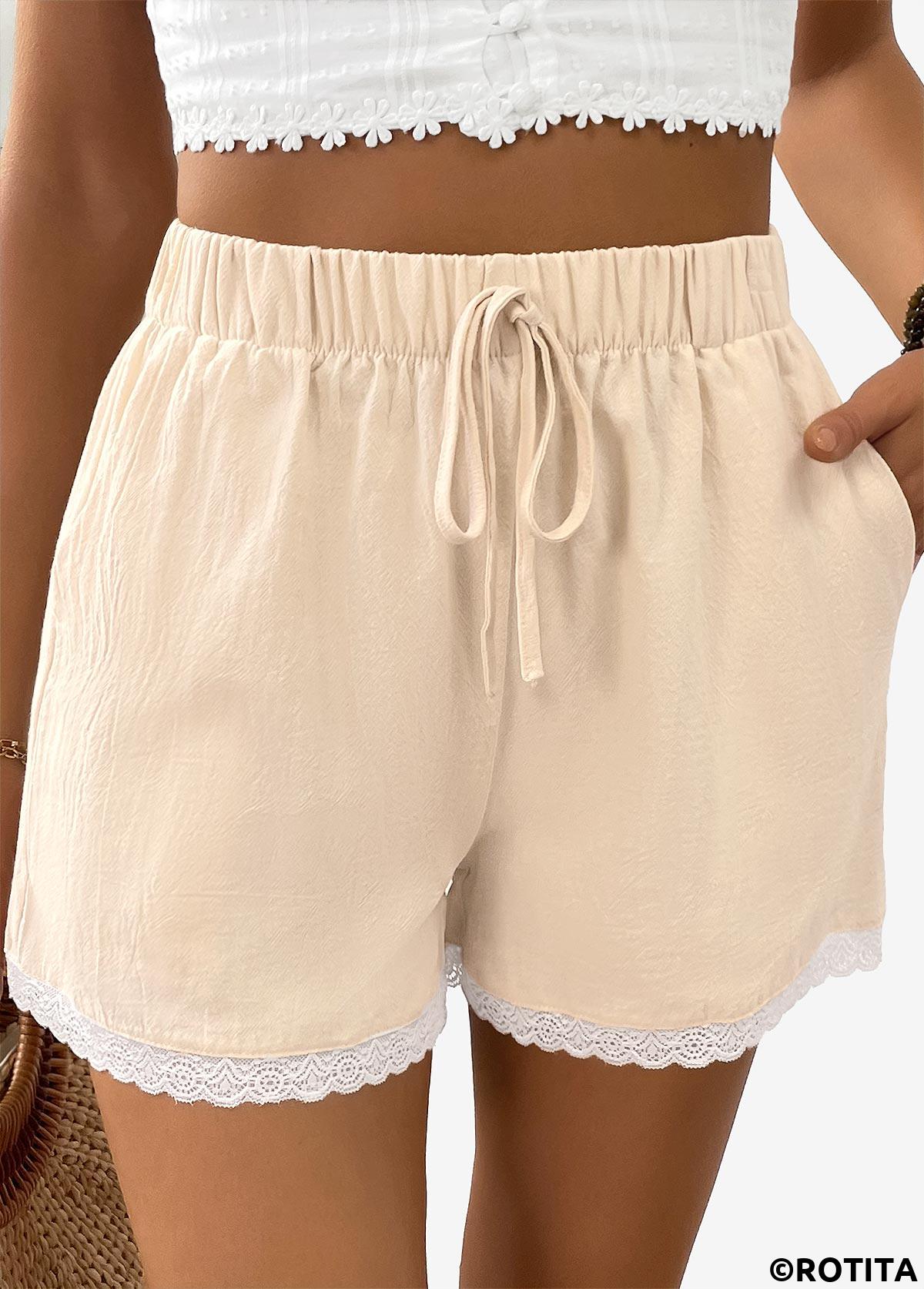 Light Camel bottoms,Plain Color bottoms,Light Camel Straight Leg Elastic Waist High Waisted Shorts