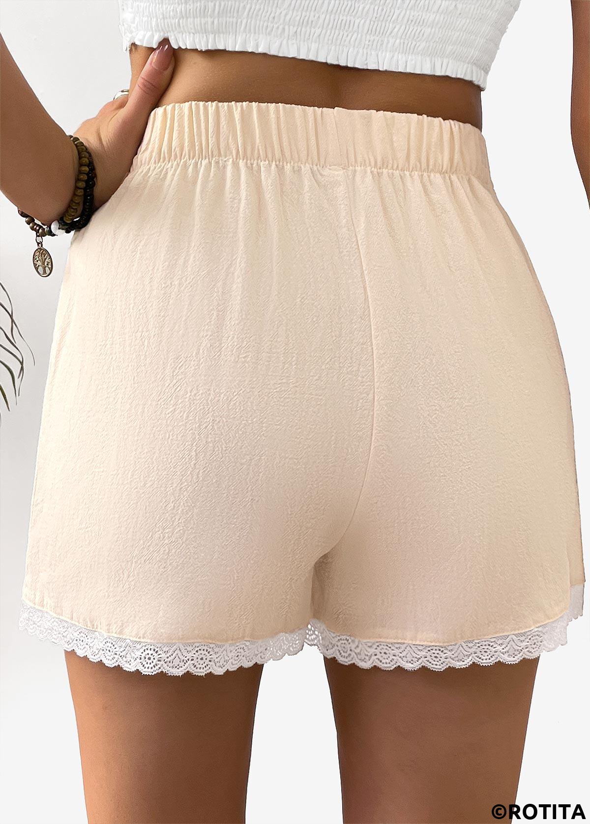 Light Camel bottoms,Plain Color bottoms,Light Camel Straight Leg Elastic Waist High Waisted Shorts