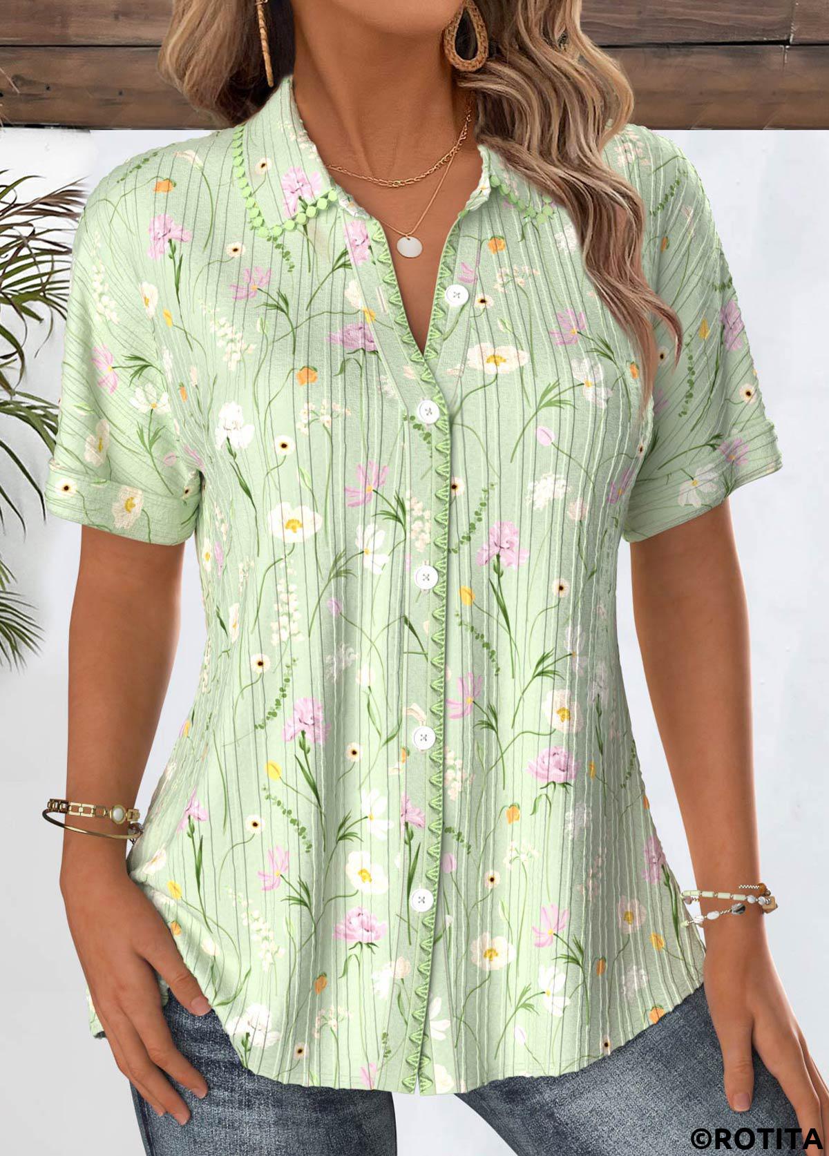 Light Green tops,Floral tops,Plants tops,ROTITA Floral Print Light Green Short Sleeve Shirt