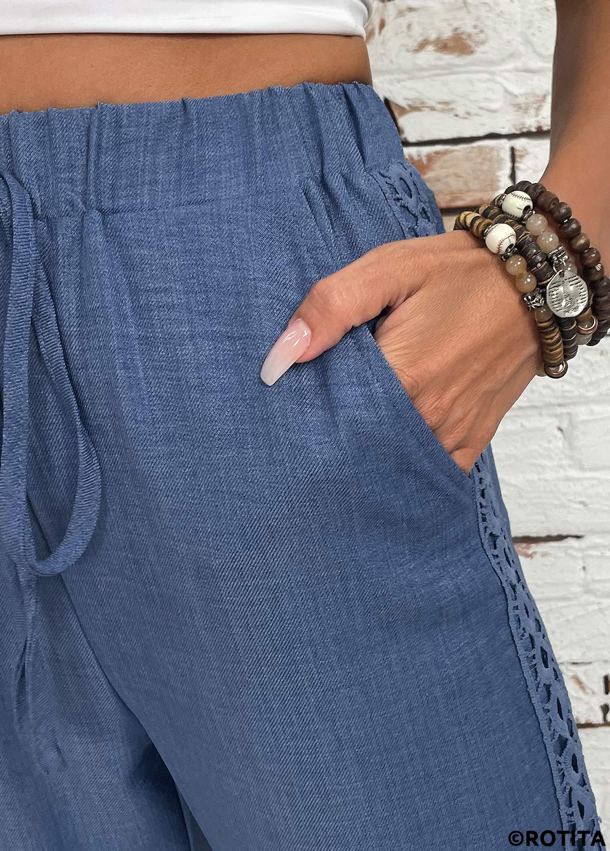 Denim Blue bottoms,Plain Color bottoms,Denim Blue Straight Leg Elastic Waist High Waisted Pants