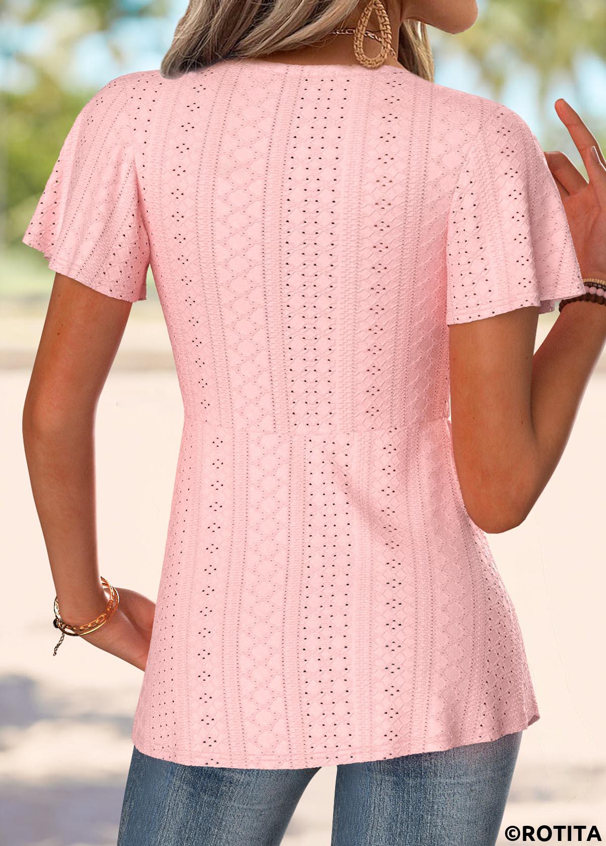 Light Pink tops,Plain Color tops,ROTITA Light Pink V Neck Short Sleeve T Shirt