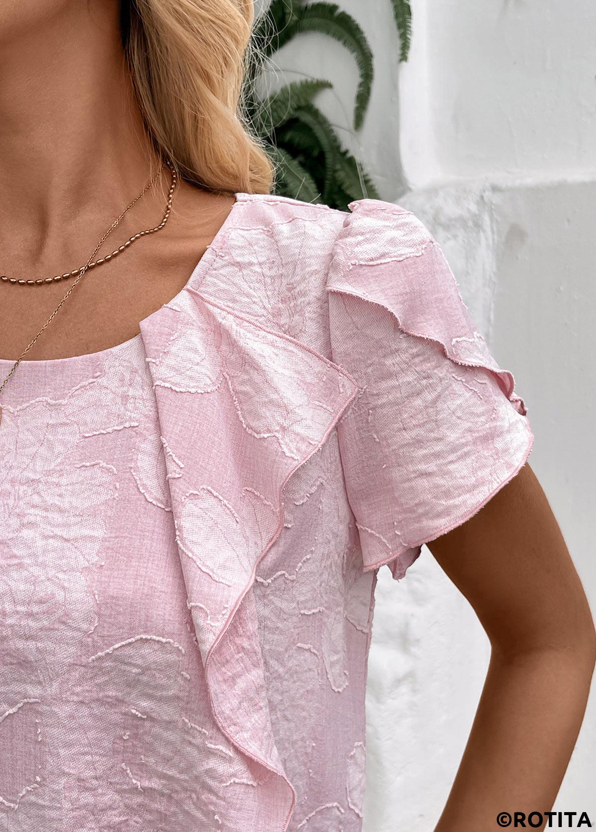 Pink tops,Plain Color tops,ROTITA Pink Round Neck Short Sleeve T Shirt