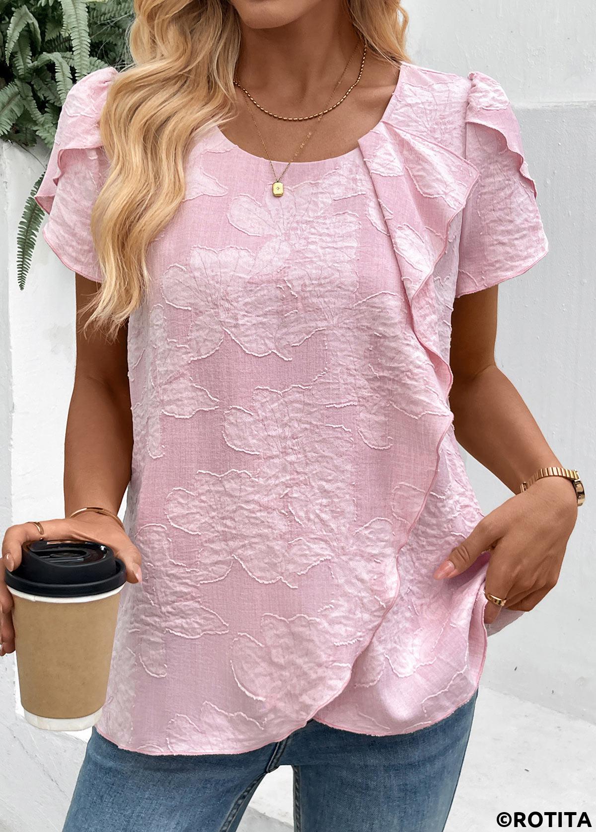 Pink tops,Plain Color tops,ROTITA Pink Round Neck Short Sleeve T Shirt