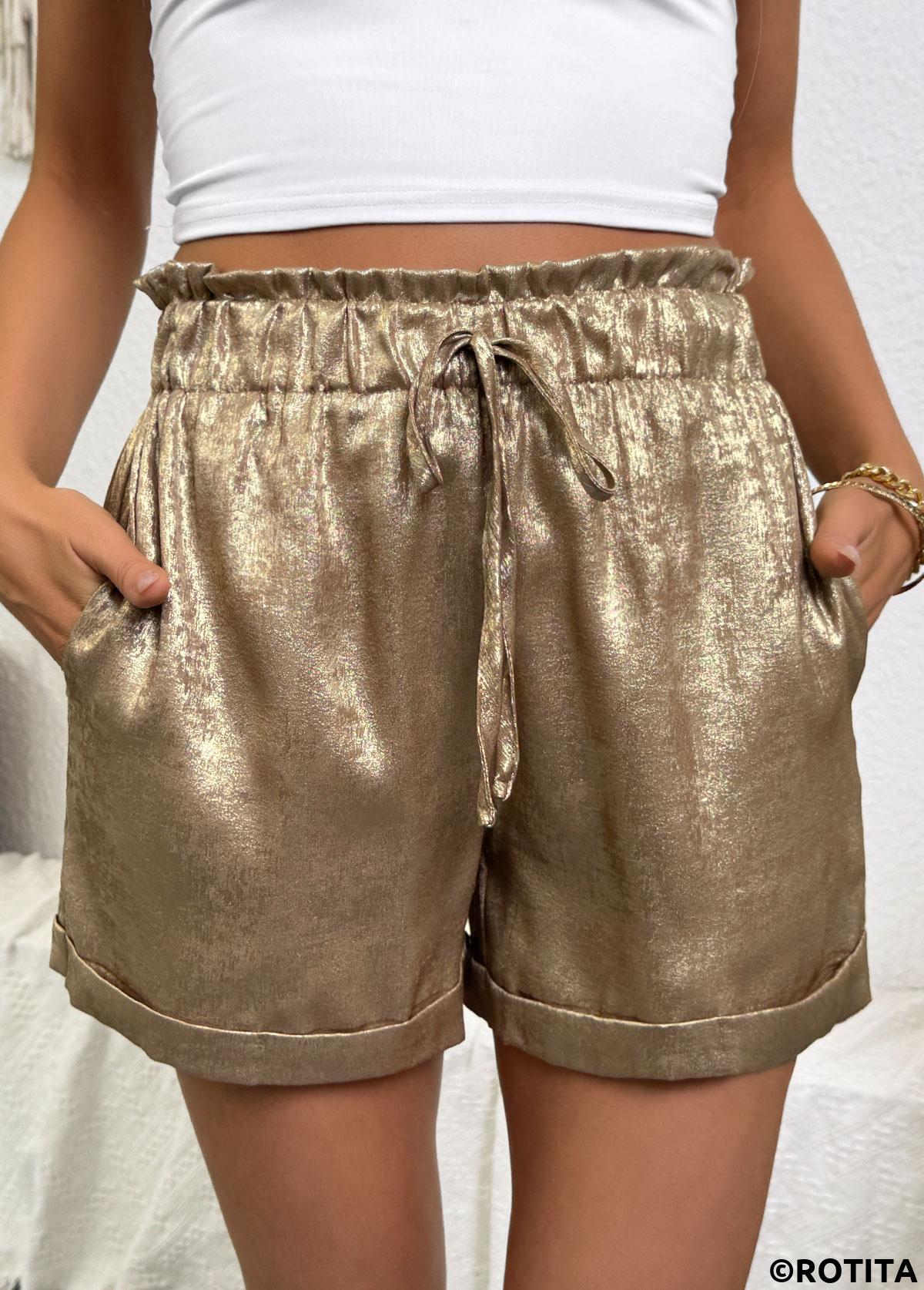Champagne bottoms,Plain Color bottoms,Champagne Tie Elastic Waist High Waisted Shorts