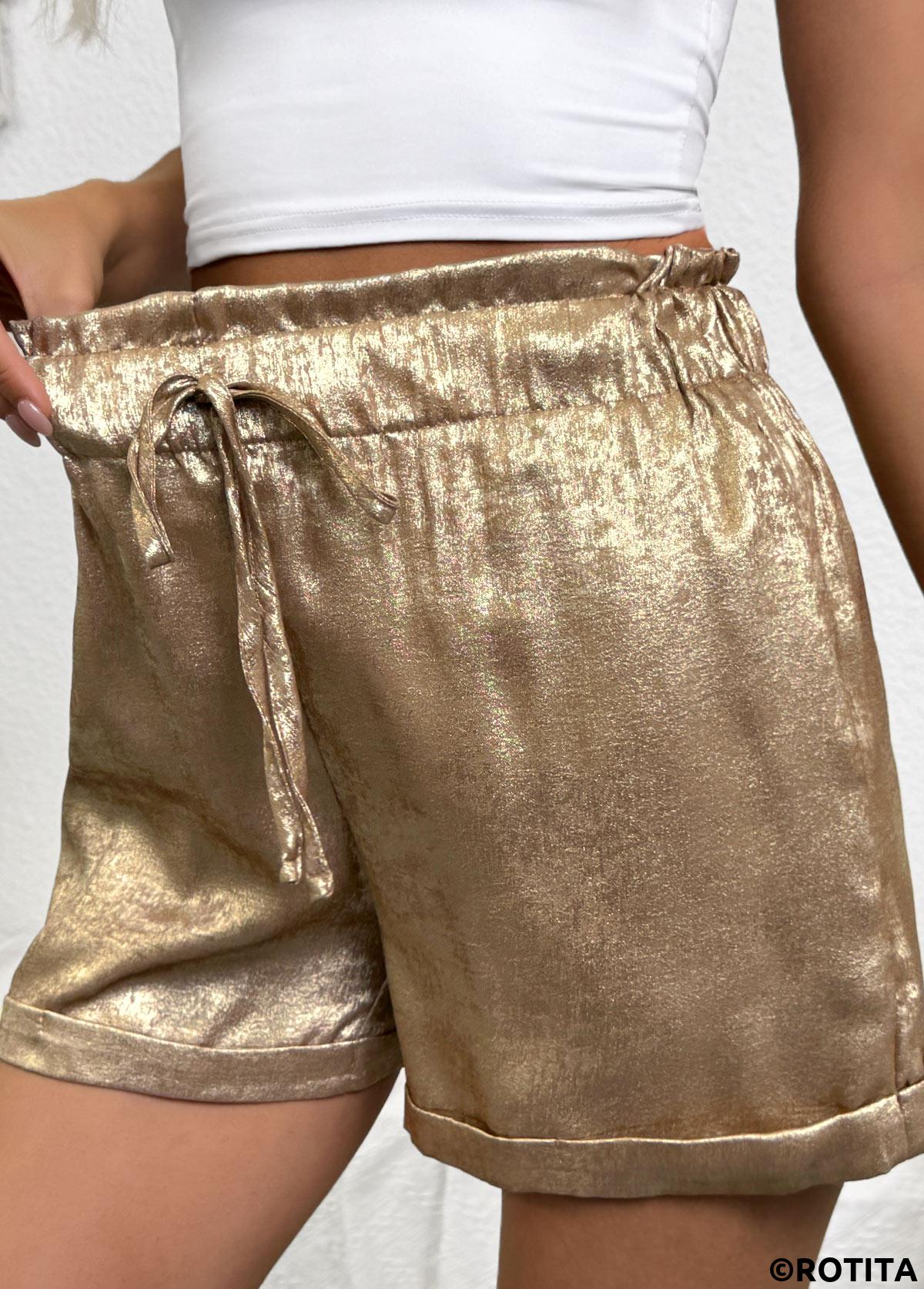 Champagne bottoms,Plain Color bottoms,Champagne Tie Elastic Waist High Waisted Shorts