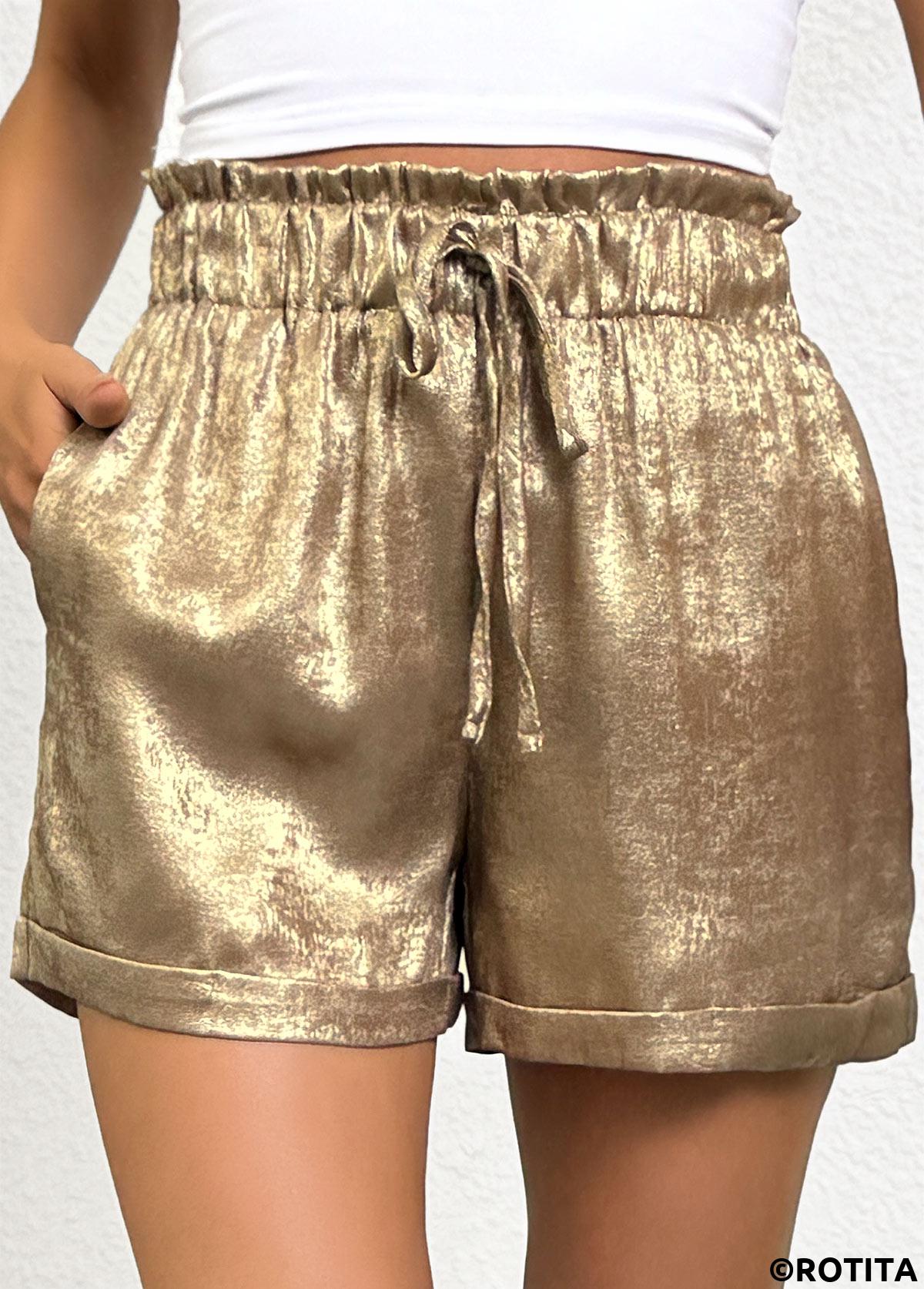Champagne bottoms,Plain Color bottoms,Champagne Tie Elastic Waist High Waisted Shorts