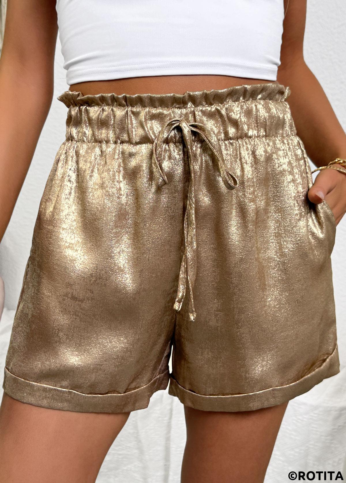 Champagne bottoms,Plain Color bottoms,Champagne Tie Elastic Waist High Waisted Shorts