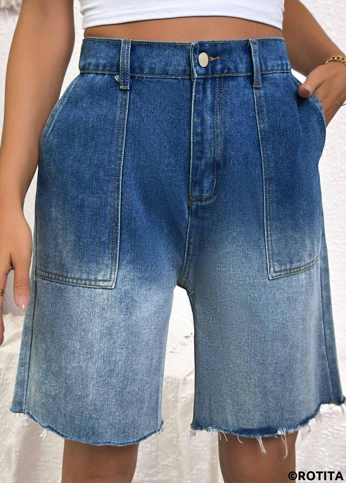 Denim Blue bottoms,Ombre bottoms,Ombre Denim Blue Wide Leg Button Fly Shorts