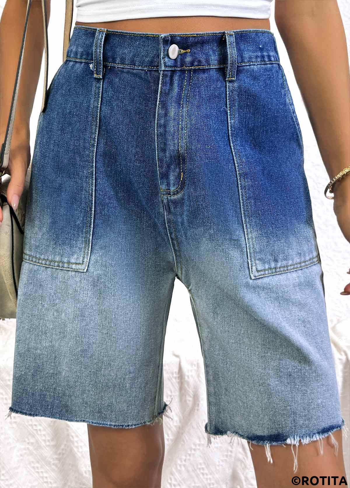 Denim Blue bottoms,Ombre bottoms,Ombre Denim Blue Wide Leg Button Fly Shorts