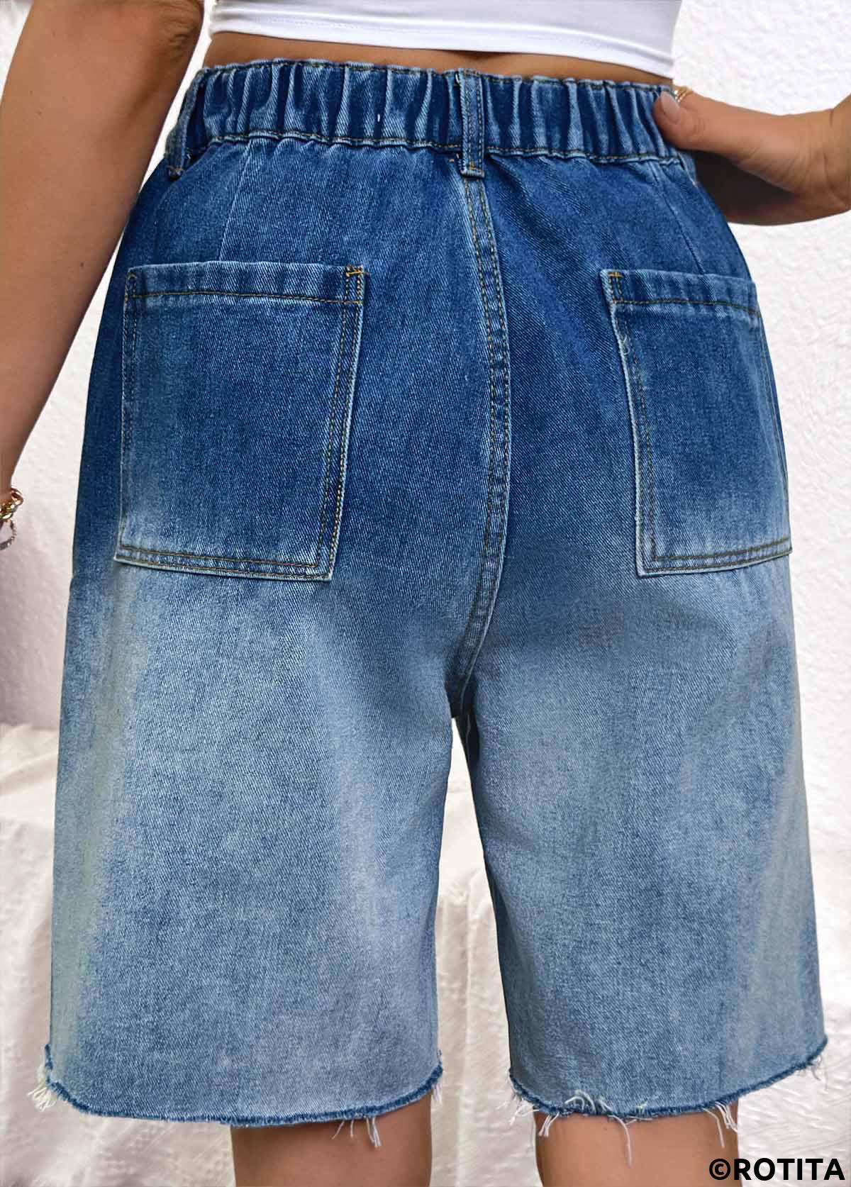 Denim Blue bottoms,Ombre bottoms,Ombre Denim Blue Wide Leg Button Fly Shorts