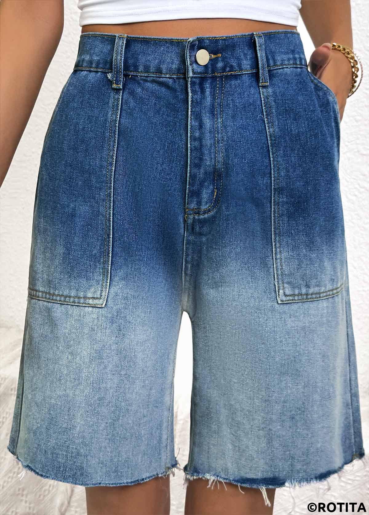Denim Blue bottoms,Ombre bottoms,Ombre Denim Blue Wide Leg Button Fly Shorts