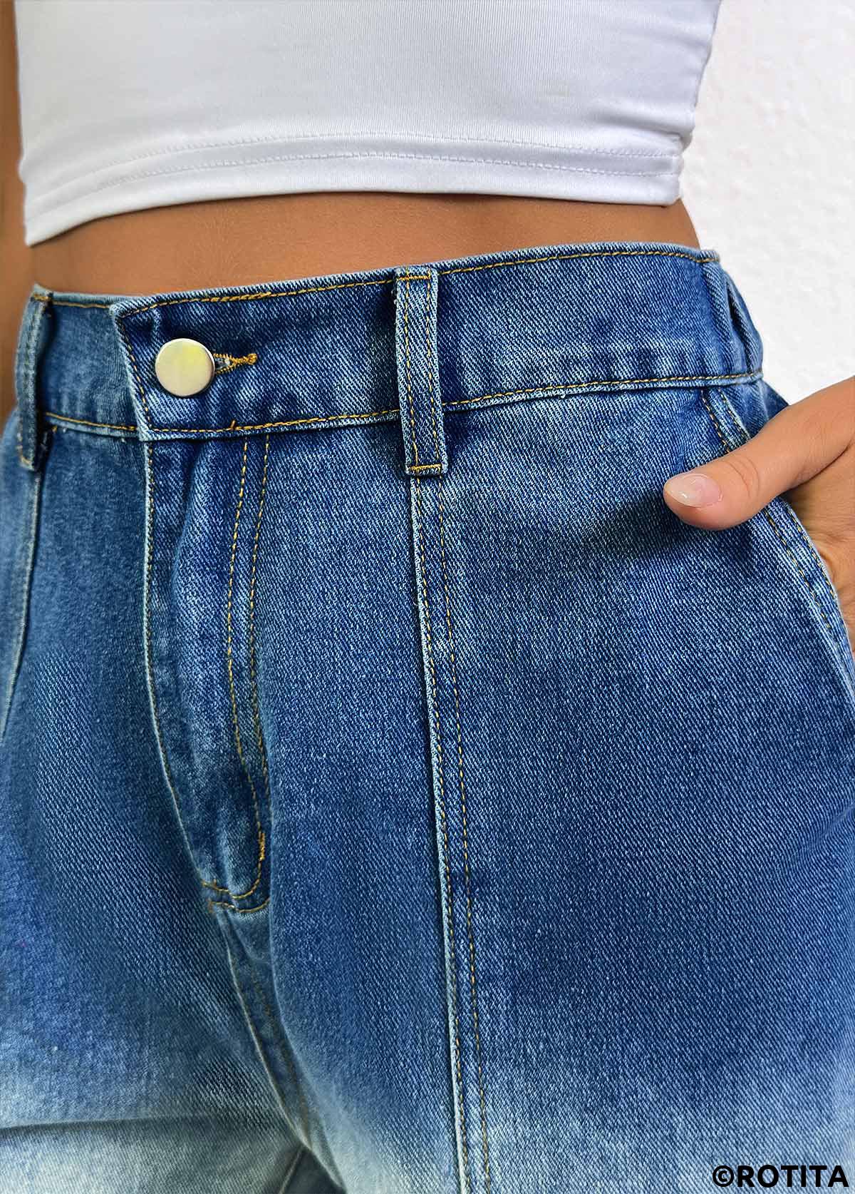 Denim Blue bottoms,Ombre bottoms,Ombre Denim Blue Wide Leg Button Fly Shorts