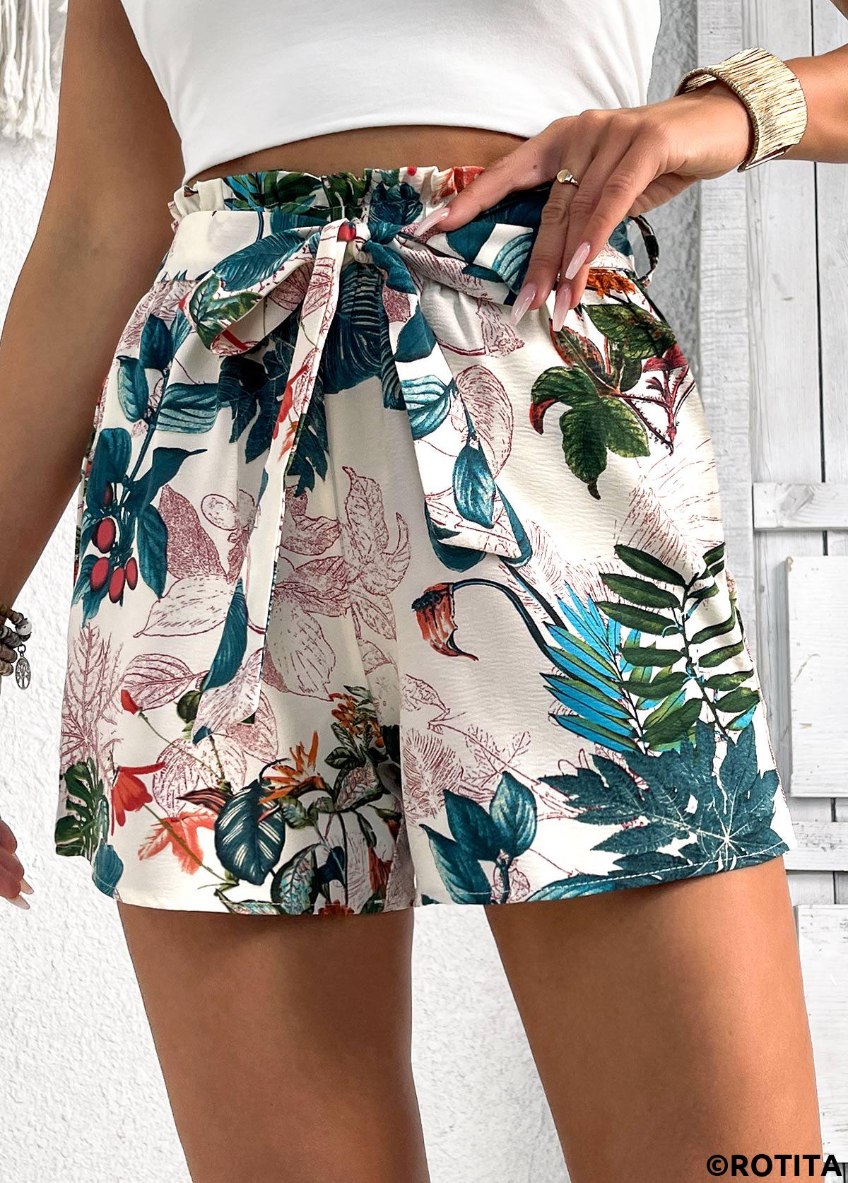 Blackish Green bottoms,Plants bottoms,Plants Print Blackish Green Elastic Waist High Waisted Shorts