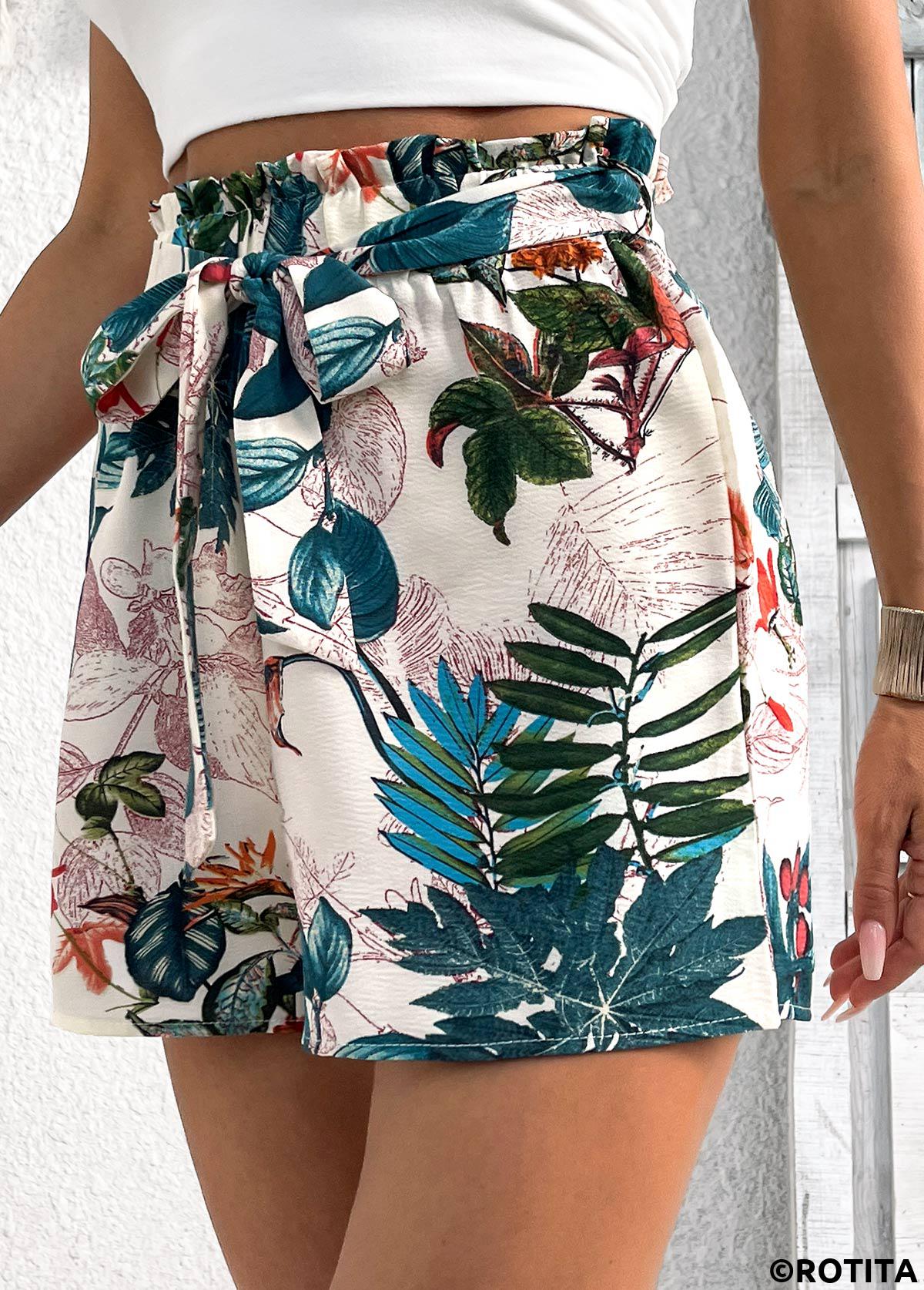 Blackish Green bottoms,Plants bottoms,Plants Print Blackish Green Elastic Waist High Waisted Shorts