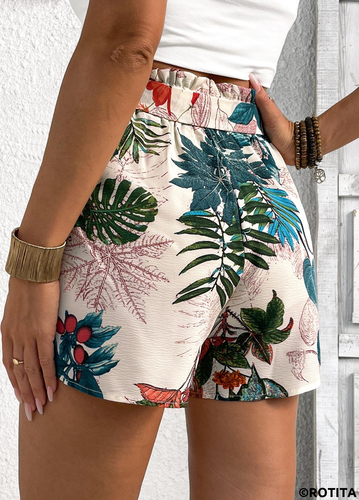 Blackish Green bottoms,Plants bottoms,Plants Print Blackish Green Elastic Waist High Waisted Shorts