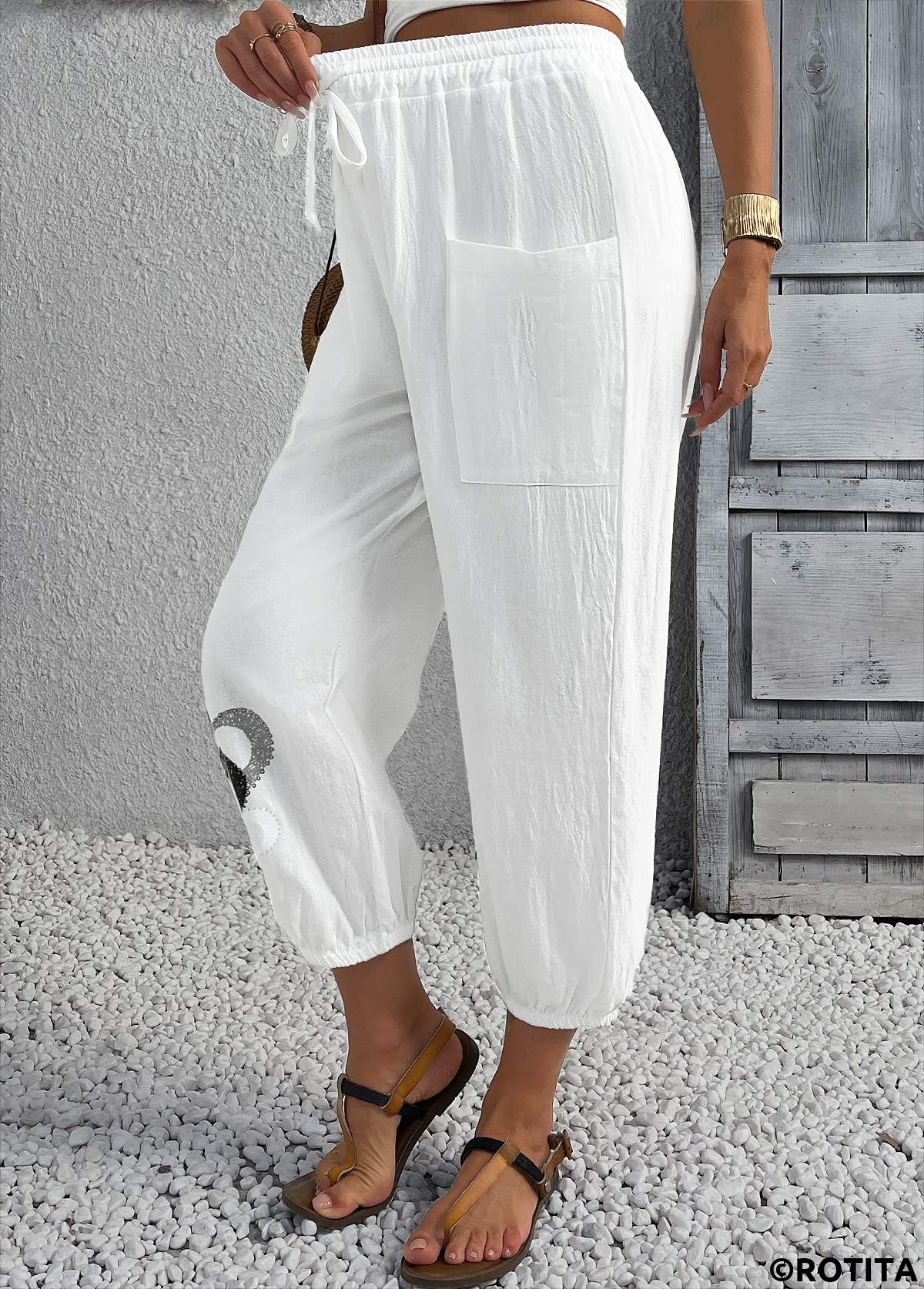 White bottoms,Heart bottoms,Heart Print White Jogger Elastic Waist High Waisted Pants