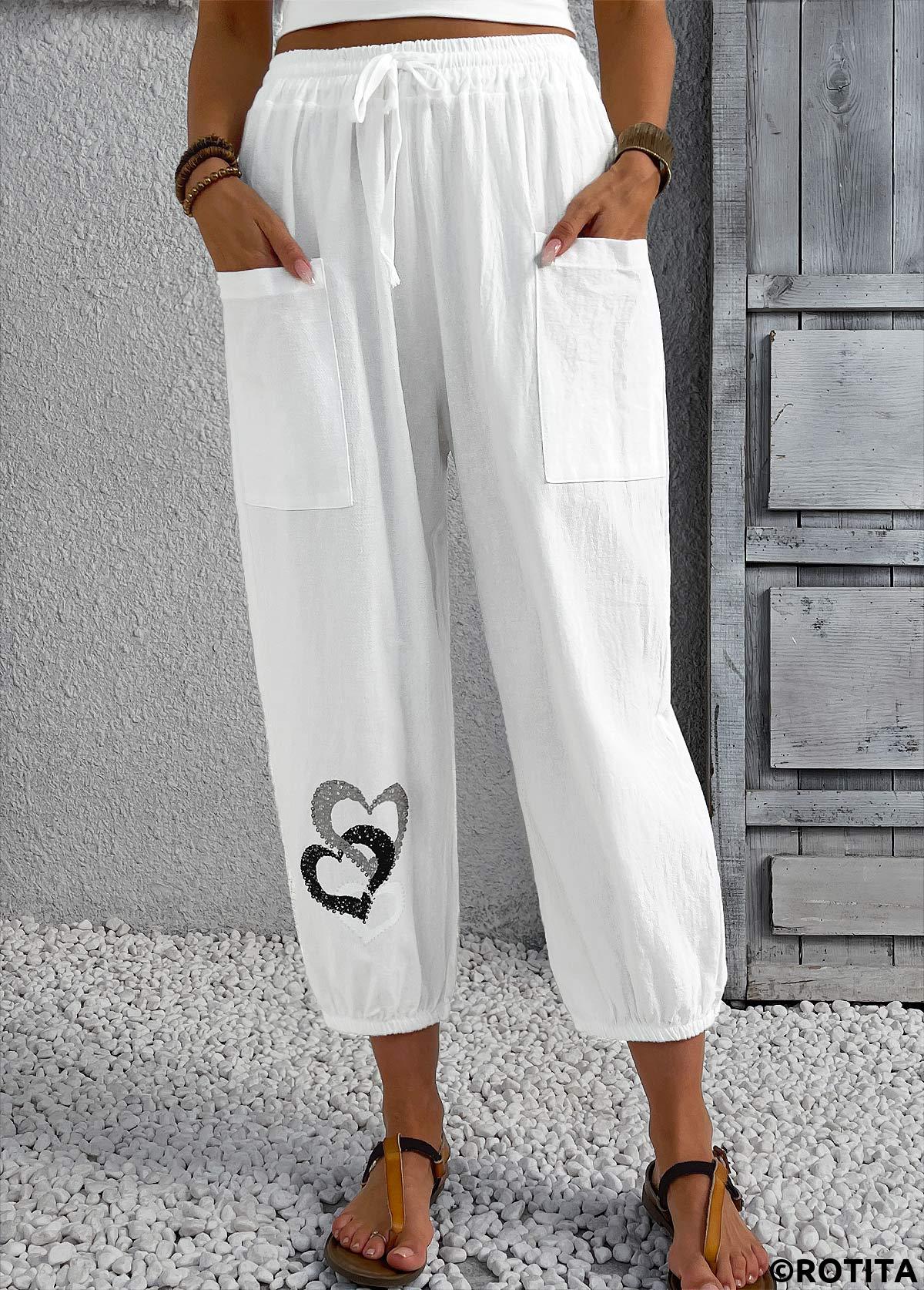 White bottoms,Heart bottoms,Heart Print White Jogger Elastic Waist High Waisted Pants