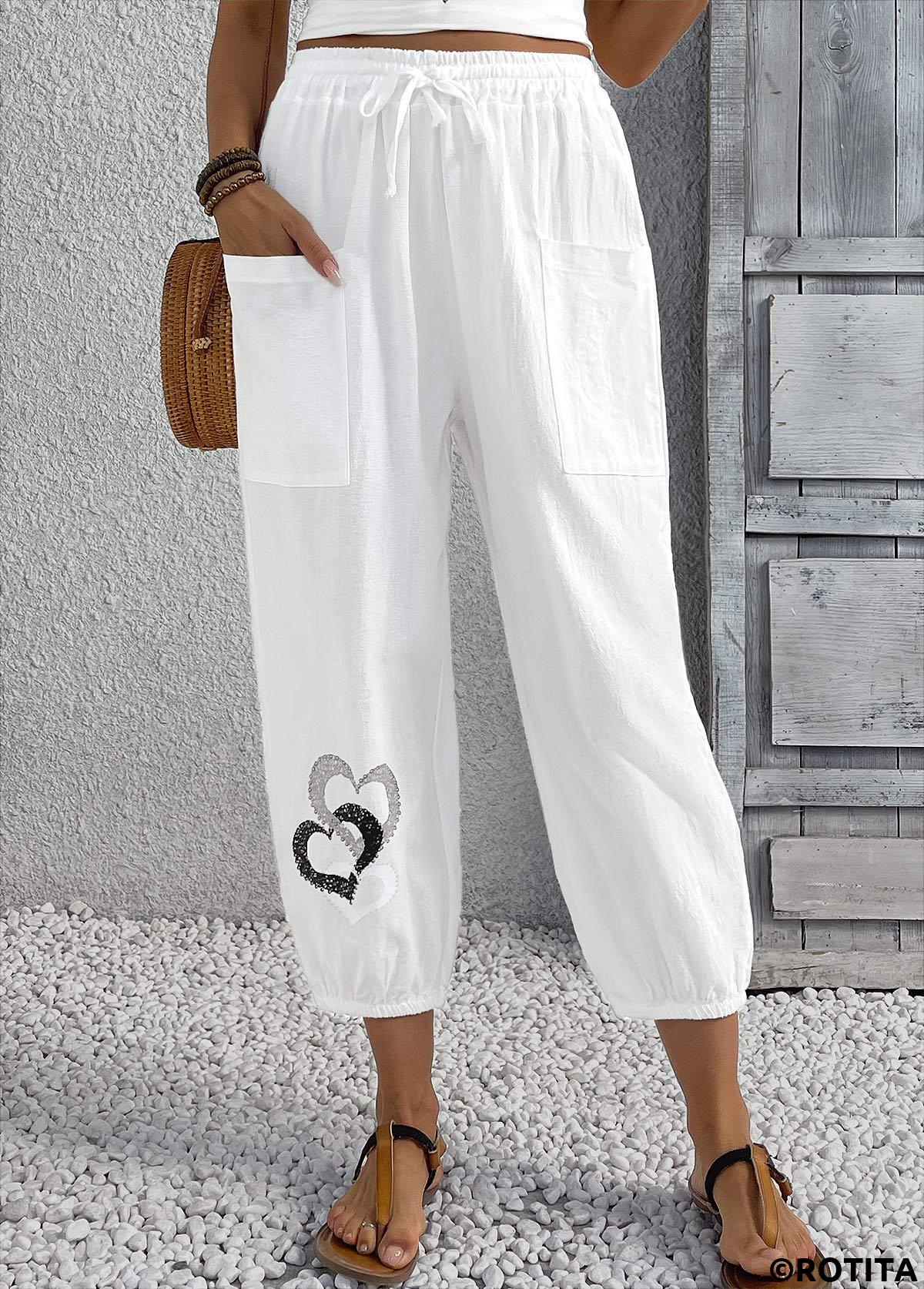White bottoms,Heart bottoms,Heart Print White Jogger Elastic Waist High Waisted Pants