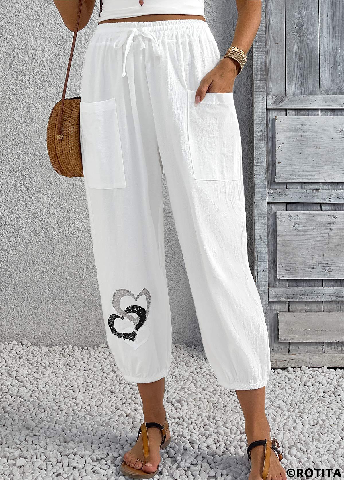 White bottoms,Heart bottoms,Heart Print White Jogger Elastic Waist High Waisted Pants