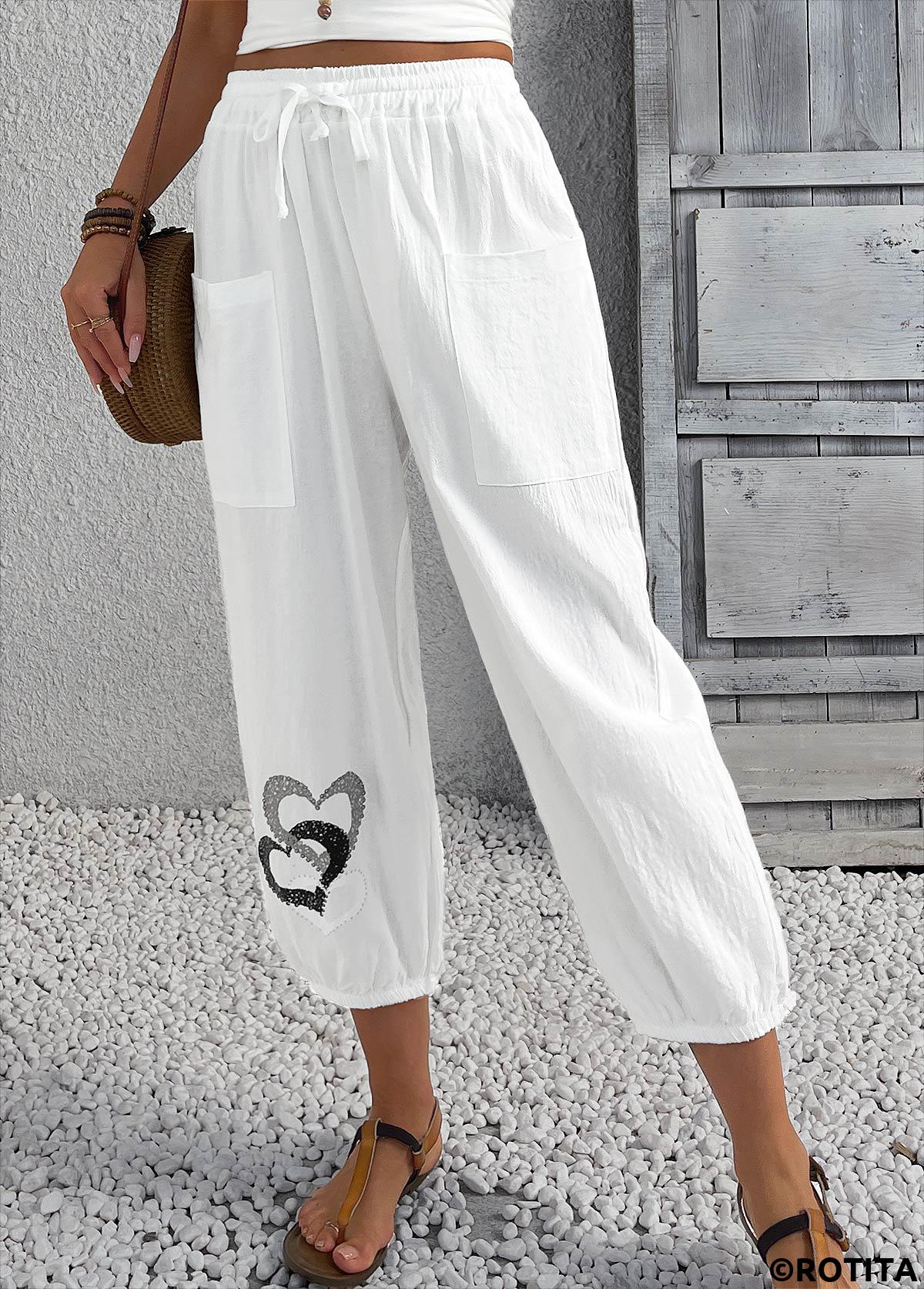 White bottoms,Heart bottoms,Heart Print White Jogger Elastic Waist High Waisted Pants