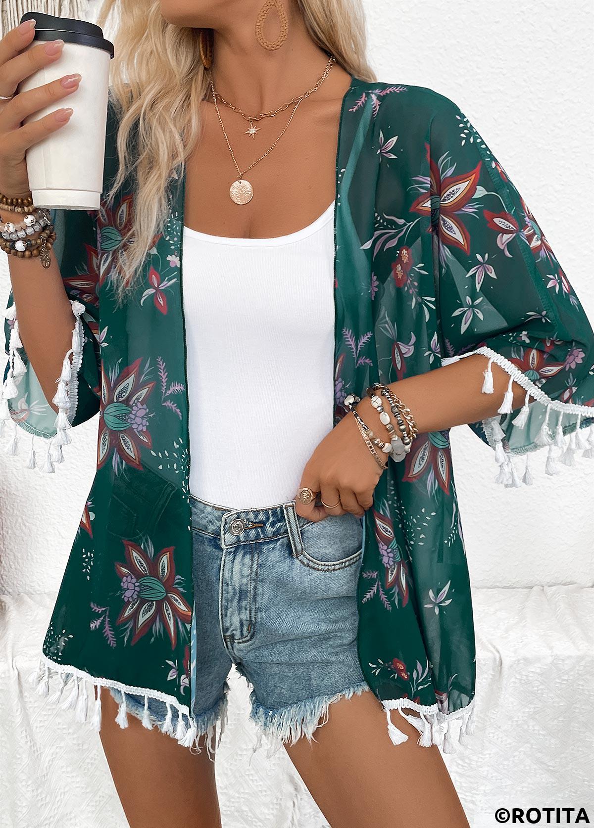 Blackish Green tops,Floral tops,Plants tops,Floral Print Blackish Green Half Sleeve Light Cardigan