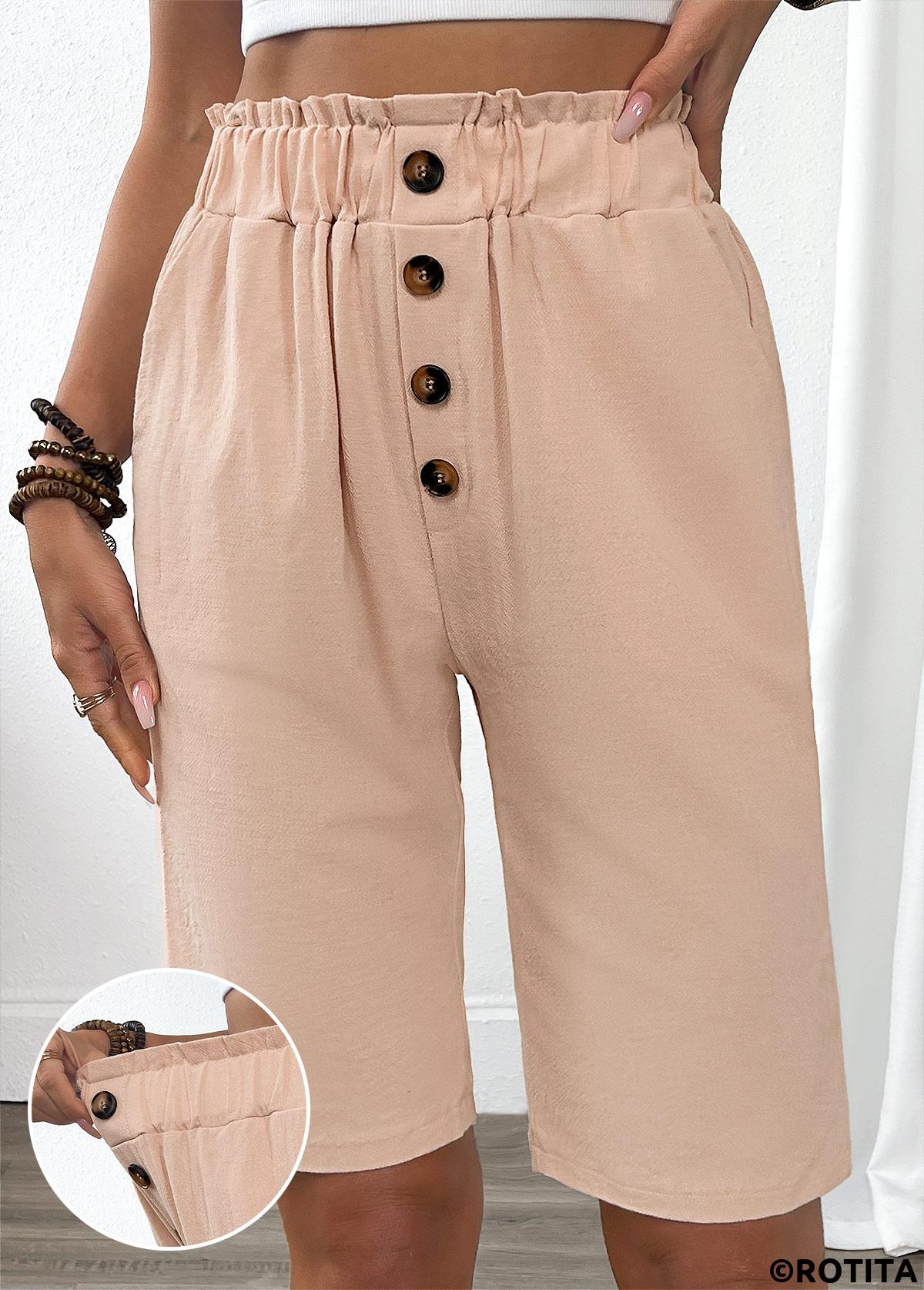 Light Camel bottoms,Plain Color bottoms,Light Camel Elastic Waist High Waisted Shorts