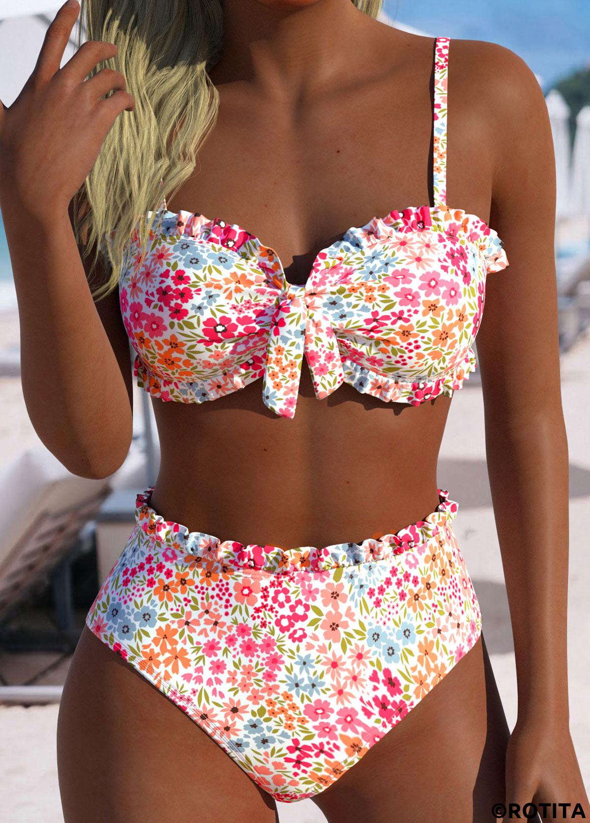 Pink swimwear,Ditsy Floral swimwear,ROTITA Pink Ditsy Floral Print Mid Waisted Bikini Set