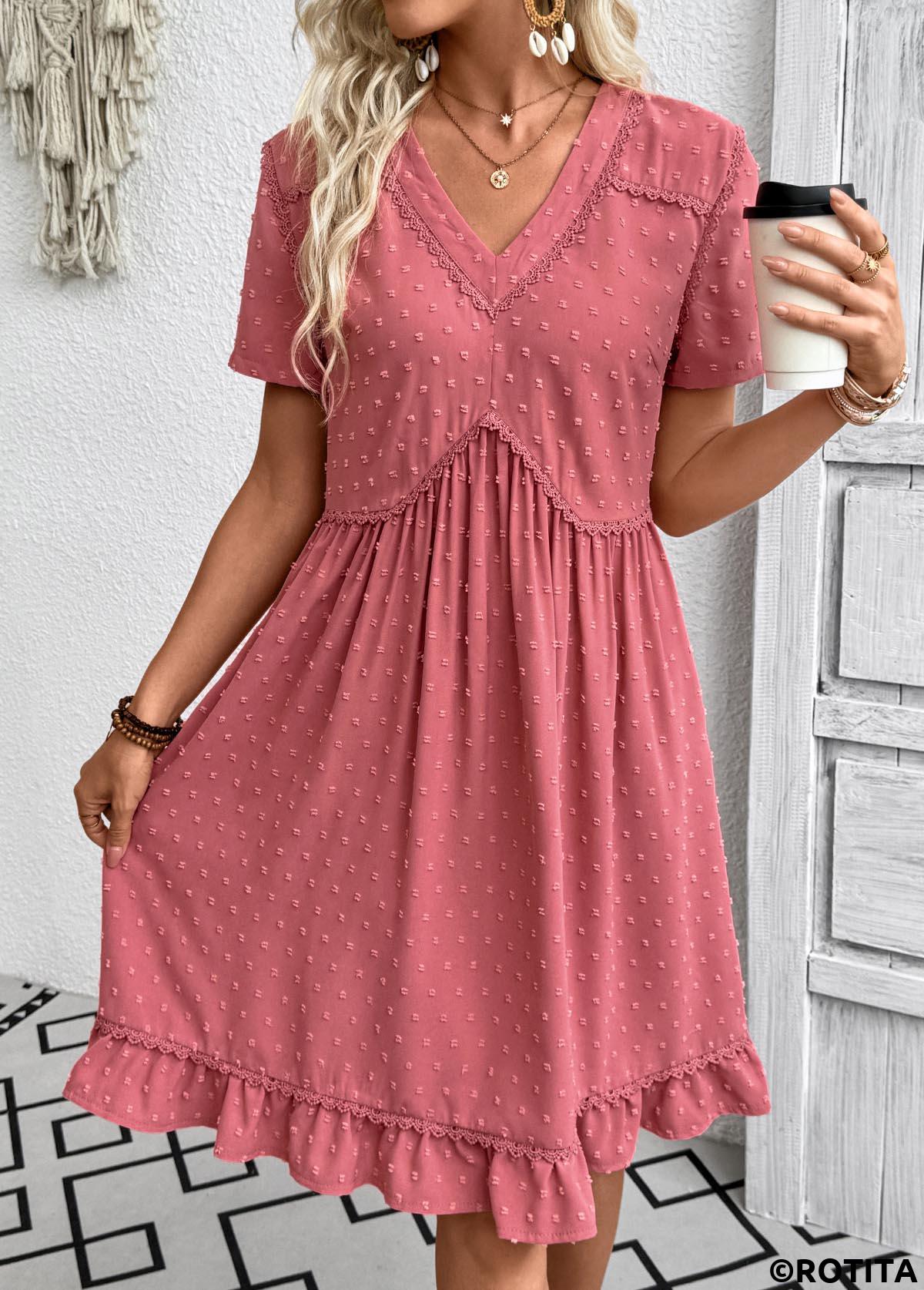 Coral dresses,Plain Color dresses,Everyday dresses,Casual dresses,ROTITA Coral A Line V Neck Short Sleeve Dress