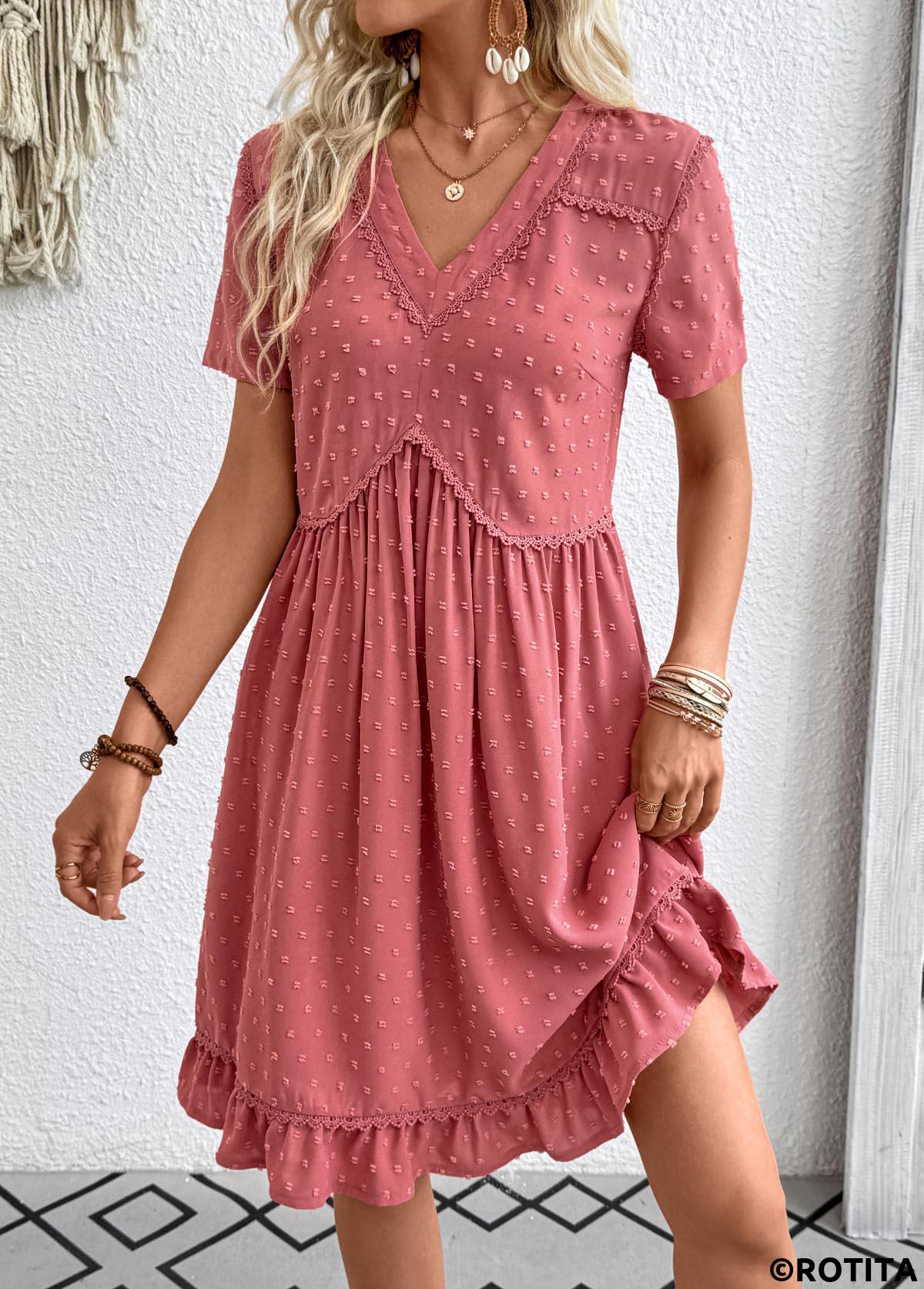 Coral dresses,Plain Color dresses,Everyday dresses,Casual dresses,ROTITA Coral A Line V Neck Short Sleeve Dress