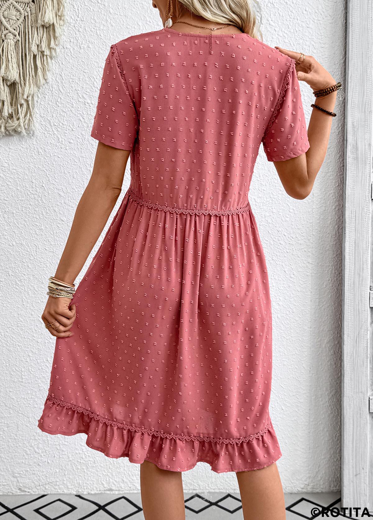 Coral dresses,Plain Color dresses,Everyday dresses,Casual dresses,ROTITA Coral A Line V Neck Short Sleeve Dress