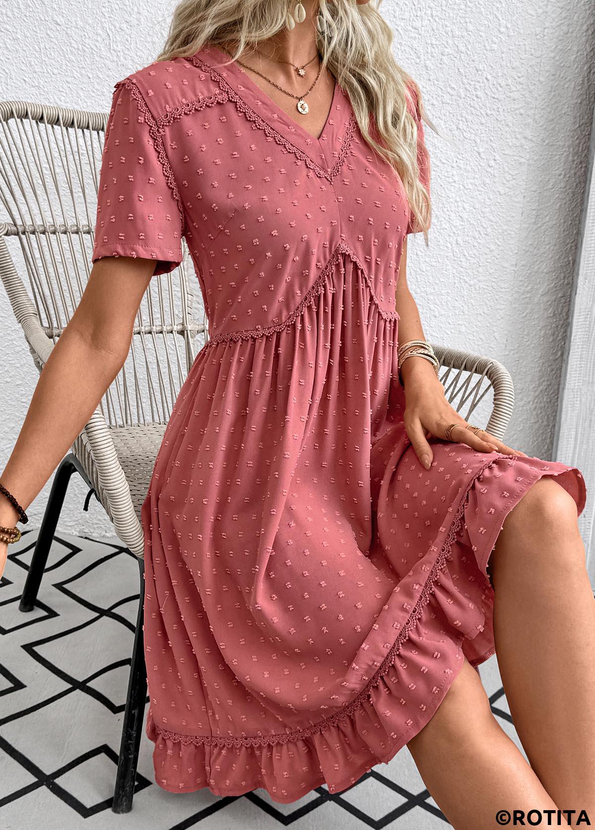 Coral dresses,Plain Color dresses,Everyday dresses,Casual dresses,ROTITA Coral A Line V Neck Short Sleeve Dress