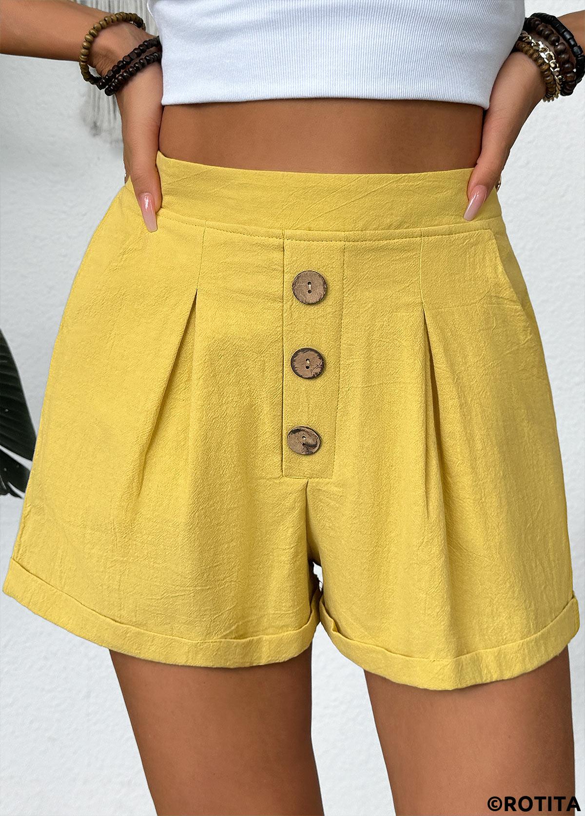 Yellow bottoms,Plain Color bottoms,Yellow Elastic Waist High Waisted Shorts